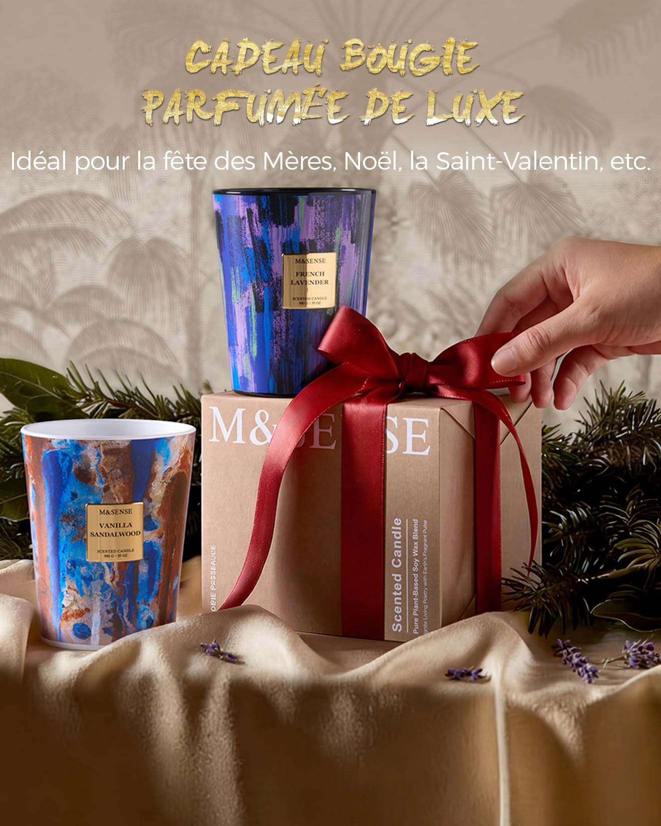 M&SENSE Grande Bougie Parfumée 3 Mèches, 990g Cire de Soja Acajou et Bois de Teck, 150 Heures, Bougie Décorative Luxe Verre Peinture à l'Huile, Cadeau Maison Bureau Concentration Homme Femme