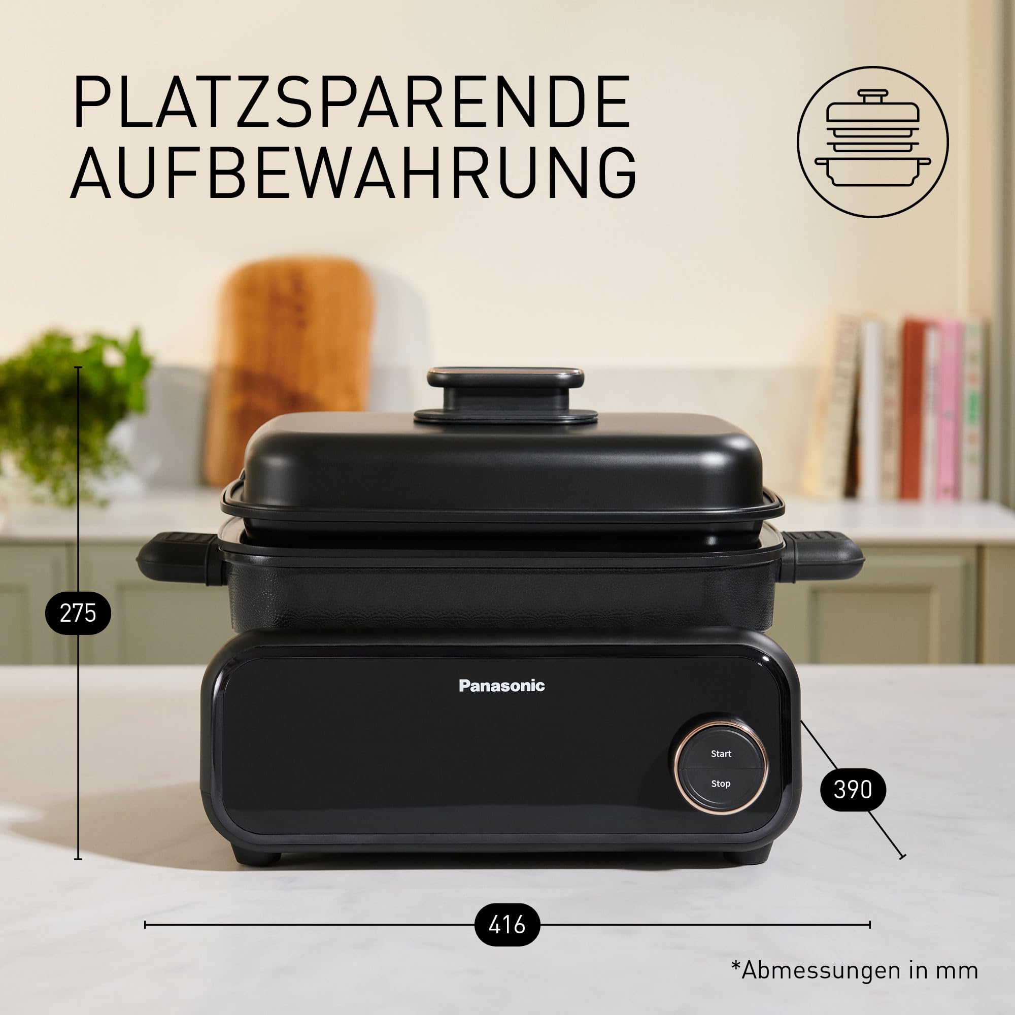 Panasonic NF-GM400 4-in-1 Elektro-Multikocher, Elektro Tischgrill, Braten, Slow Cook, BBQ, Dämpfen, Sautieren, 1400W, 40–250°C, 9 Auto-Modi, 4 Antihaftplatten, Rauchabsaugung, Schwarz