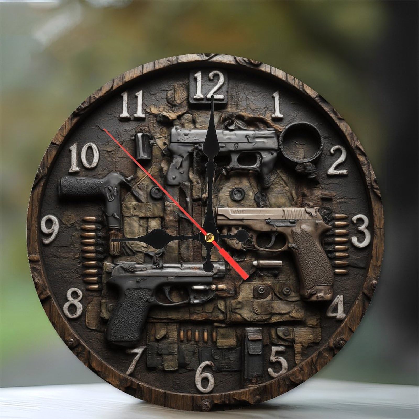 10-Inch Silent Wooden Wall Clock, Clock Made of Guns and Ammo ” Silent Non-Ticking Clock, Battery Operated (AA Batteries Not Included), Artistic Home Decor
