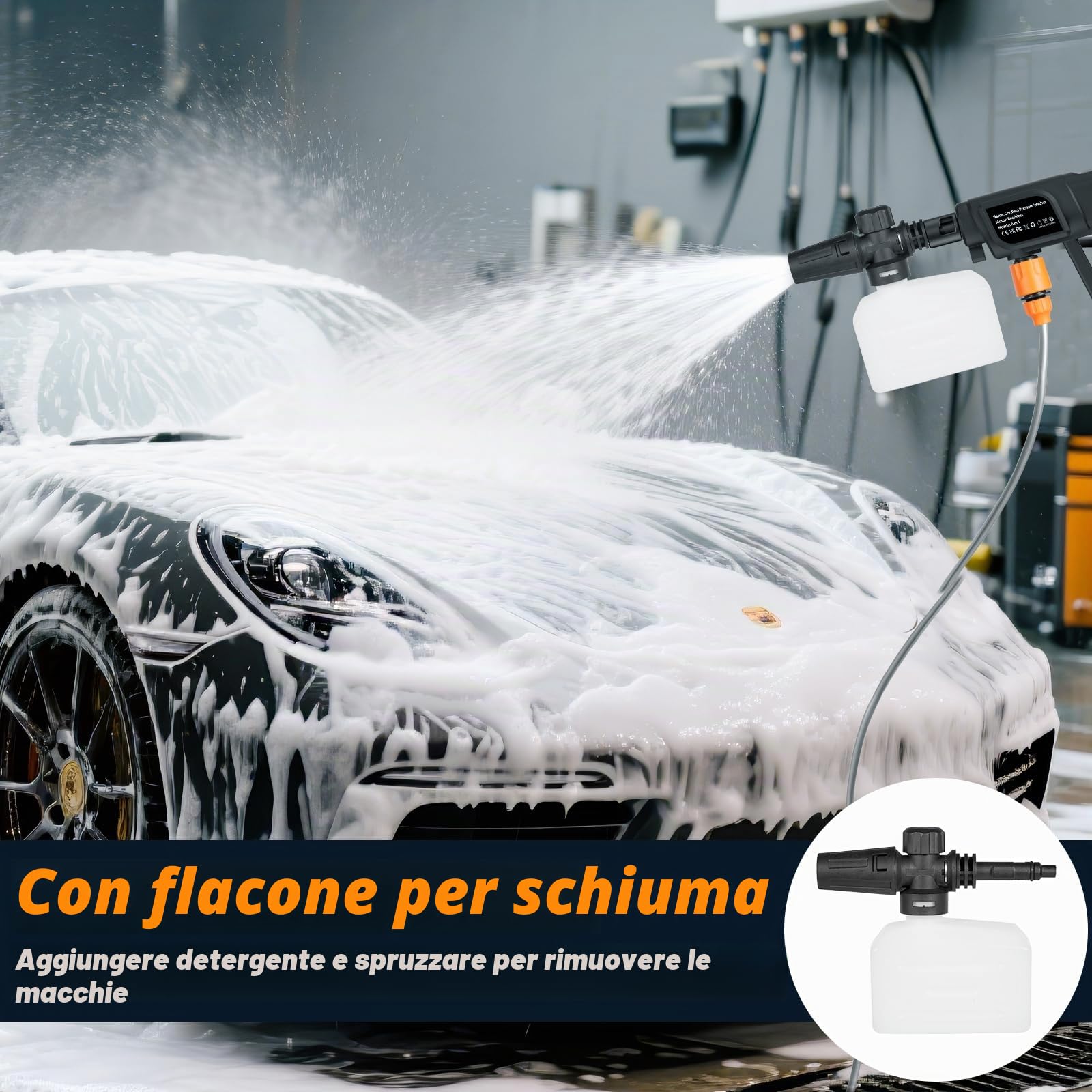 Idropulitrice a Batteria,120 Bar Idropulitrice Portatile,6 L/min Lavatrice Senza Fili con 2 x 3.0Ah Batterie,6 In 1 Rotante Ugello,Tubo da 5M,High Pressure Cleaner per Auto,Giardino,Pavimenti