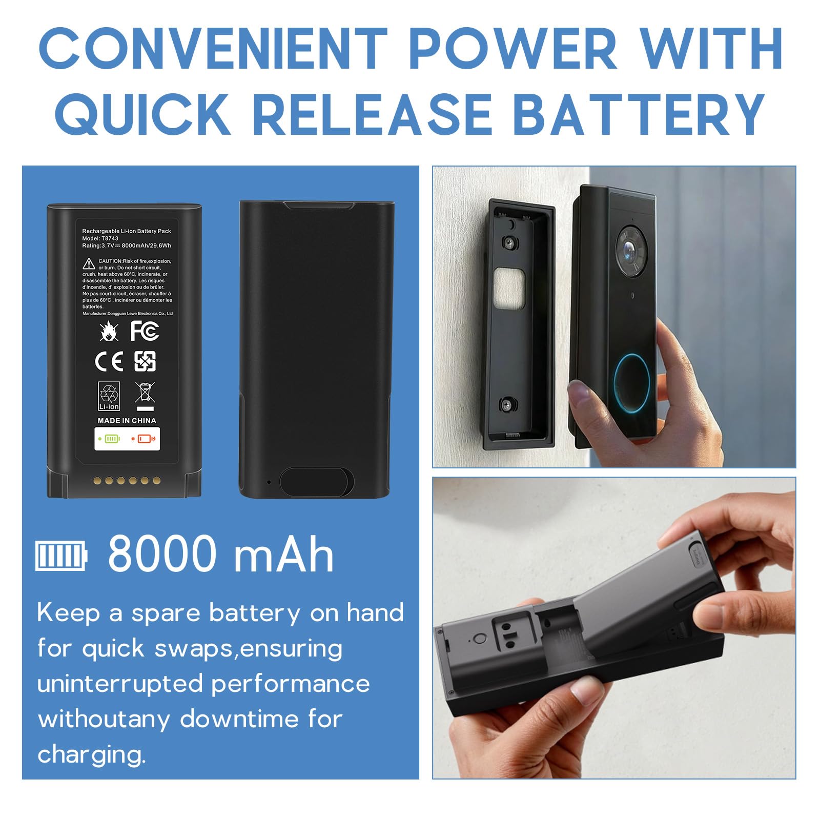 8000mAh Akku, kompatibel mit der Eufy E340 C31 Video-Türklingel; Ersatzakku mit hoher Kapazität für den Eufy E340-Akku, inklusive Typ-C-Ladekabel