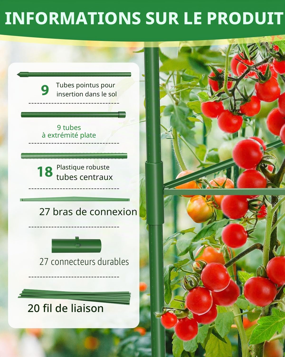 MYMULIKE Lot de 3 Cages à tomates surdimensionnées pour Jardin, Treillis à tomates pour Parterre surélevé, jusqu'à 40 x 130 cm, Support de Plantes de tomates pour Jardin surélevé et légumes grimpants