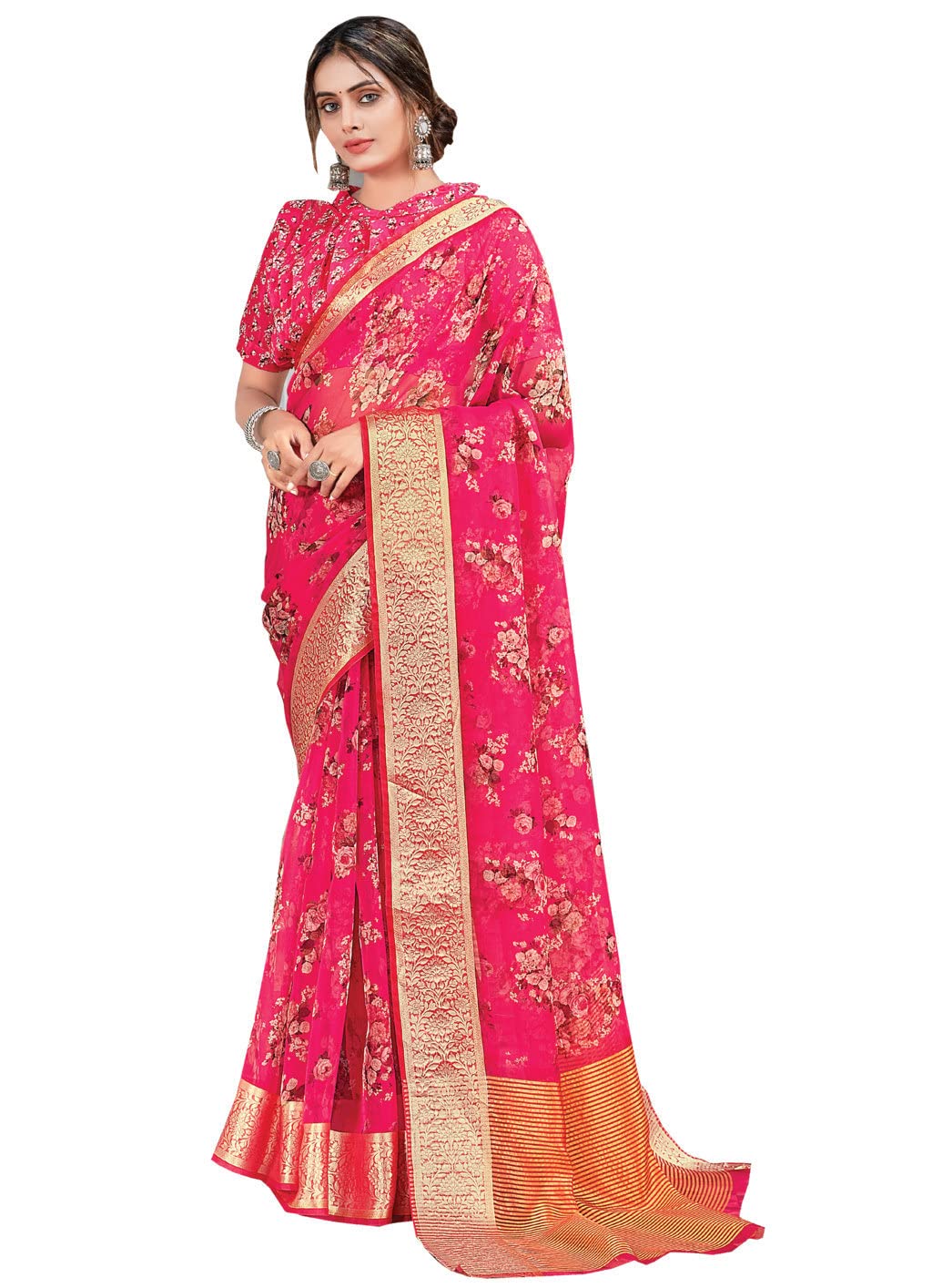 Sangam PrintsWomen's Organza Digital Print Saree with Blouse Piece (SGANG-1158,Pink)