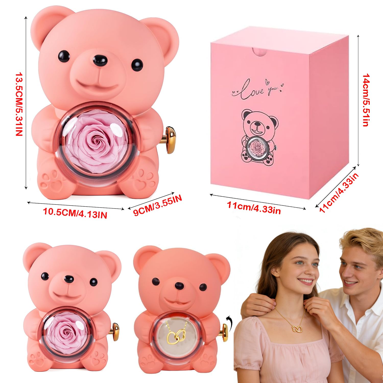 Oso Rosa Preservada con Collar de Corazón, Osito Rosa Eterna Rojo, Regalo San Valentin Mujer, Regalo Mujer Cumpleaños Mama, Aniversario, Originales Oso con Flor Eterna
