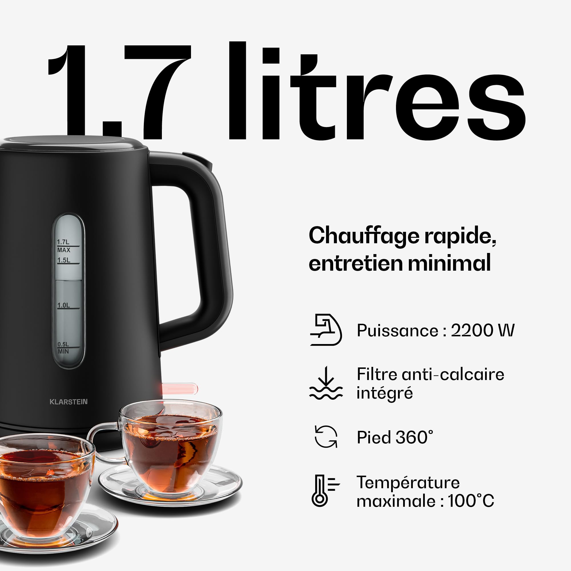 Klarstein Velaire Essential Set Petit-Déjeuner Grille-Pain 2 Fentes 7 Niveaux Bouilloire Électrique 1,7L