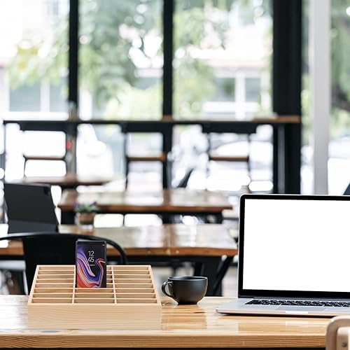 Miniatura 5 de LIFKOME Soporte para teléfono celular aula de madera con 36 cuadrículas, caja de almacenamiento para teléfonos celulares de escritorio, organizador