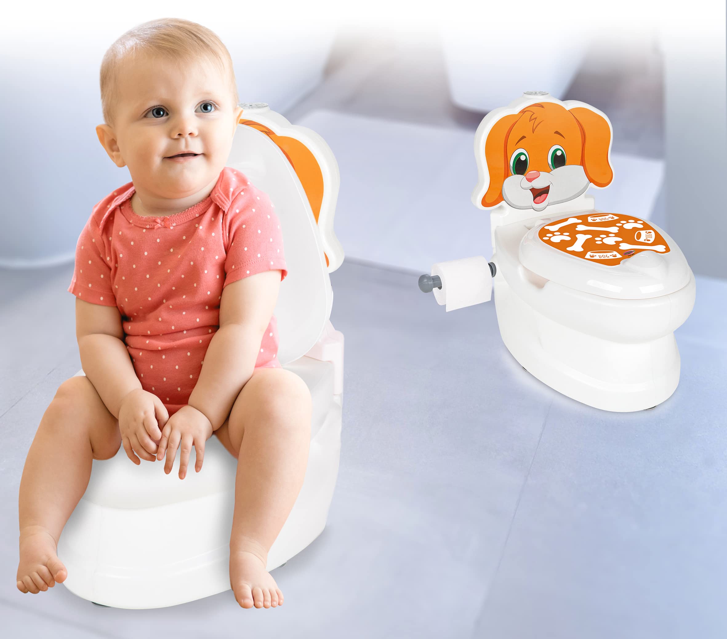 JAMARA 460959 Meine kleine Toilette Pies z dźwiękiem spłukiwania i uchwytem na papier toaletowy, łatwy do czyszczenia, zaokrąglone krawędzie, przyssawki zapewniają dobrą przyczepność, kolor biały