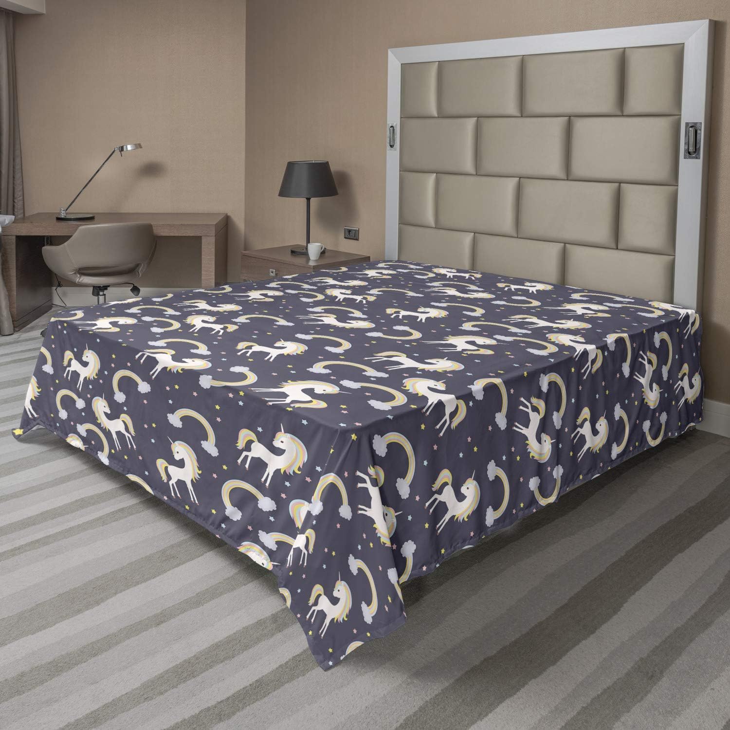 Ambesonne Unicorn Party Flat Sheet, Dreamy Cartoon Pattern with Rainbows Stars and Horse, Soft Comfortable Top Sheet Decorative Bedding 1 Piece, Queen Size, Multicolor