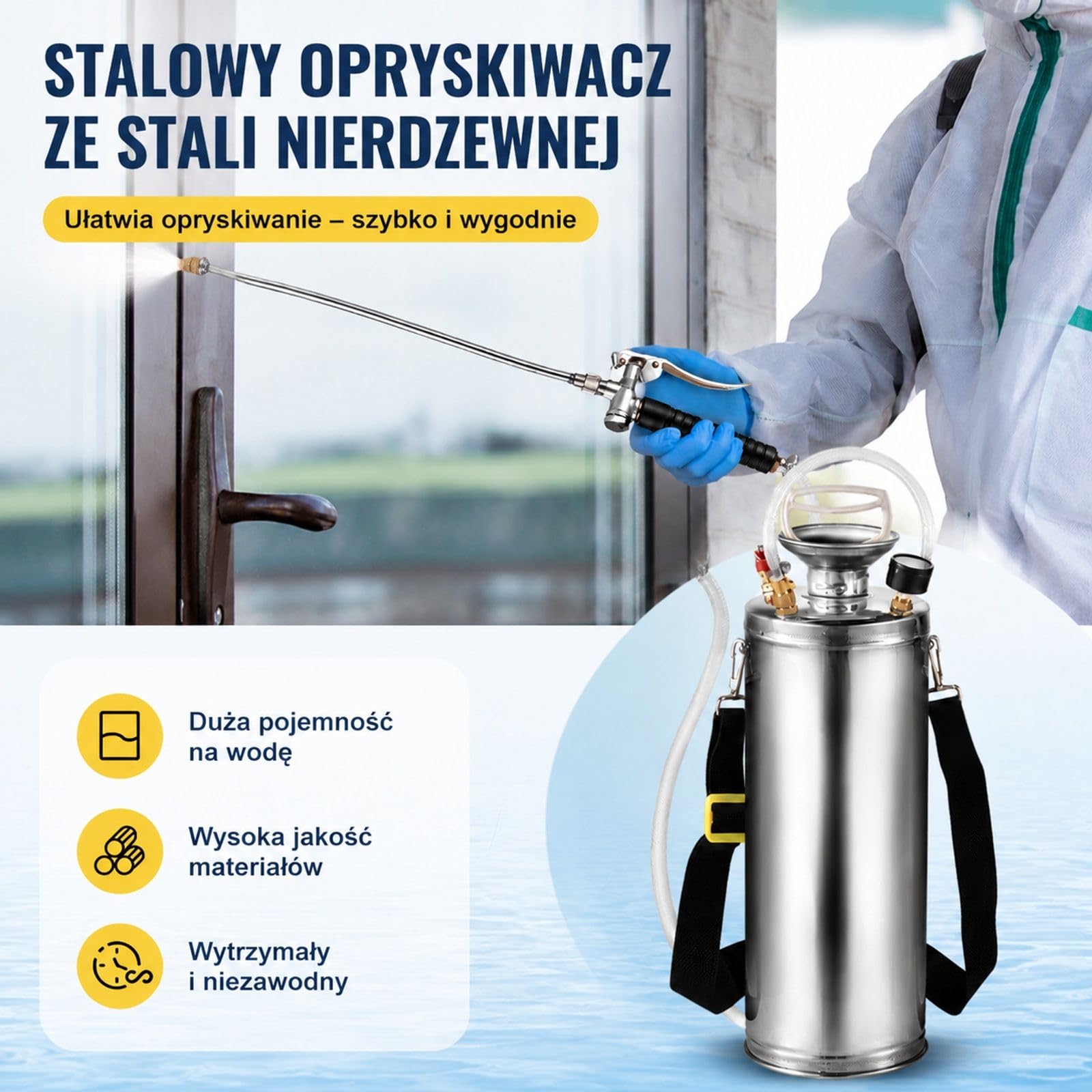 Opryskiwacz ciśnieniowy 10 L ze stali nierdzewnej z konstrukcją plecakową do ogrodu