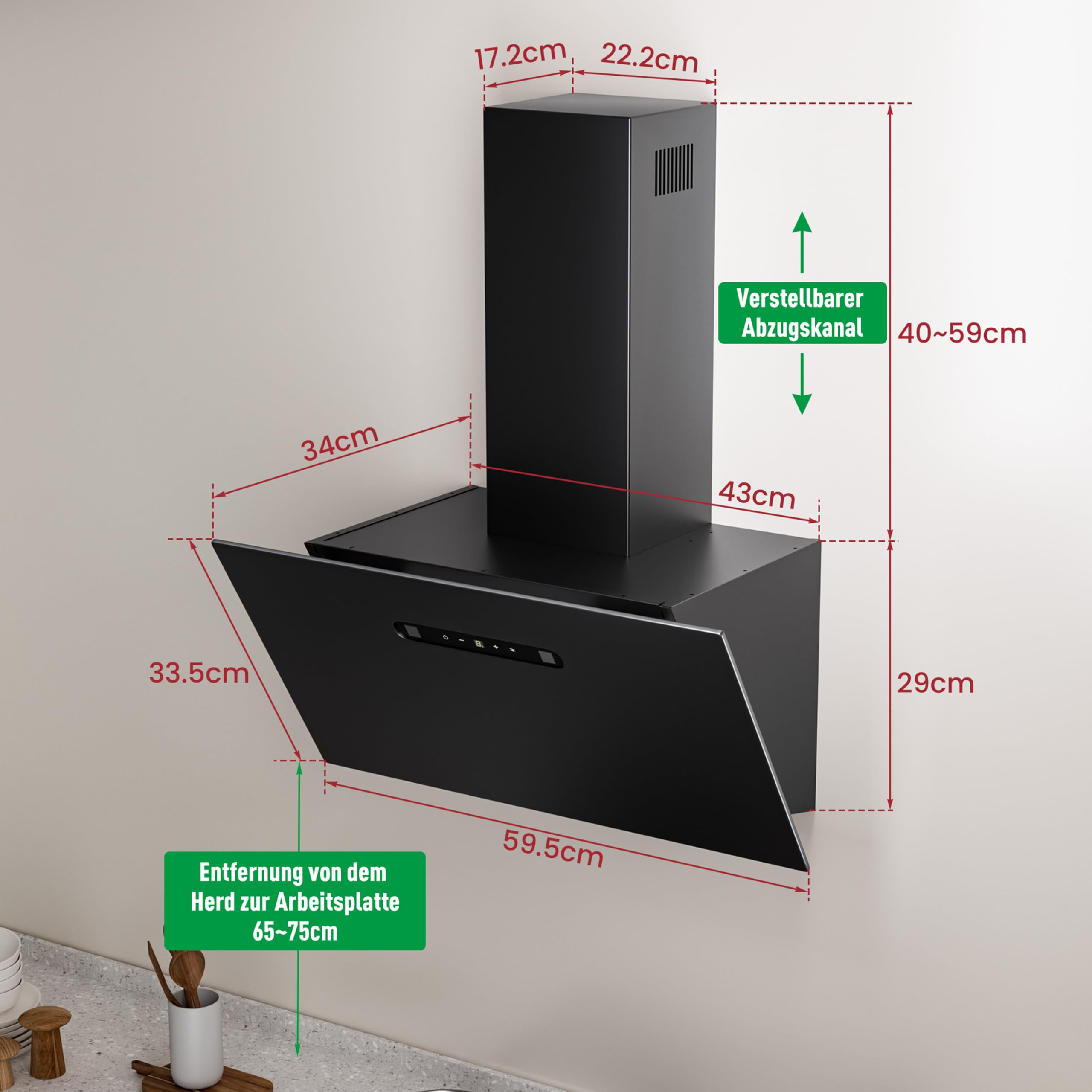 A+++ Kopffreie Dunstabzugshaube 60cm Umluft & Abluft mit 420 m³/h