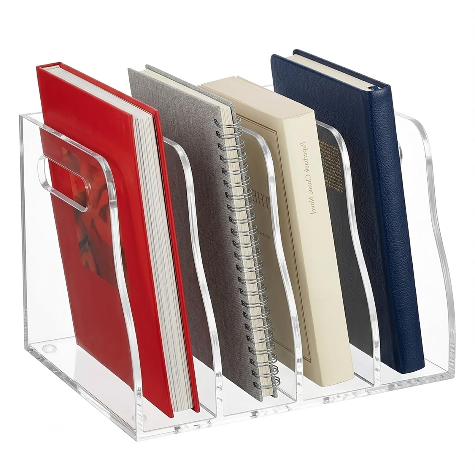 Soporte acrílico para archivos, organizador vertical de 4 compartimentos, organizador de escritorio transparente para el hogar, oficina, escuela, soporte de exhibición de documentos A4, libros