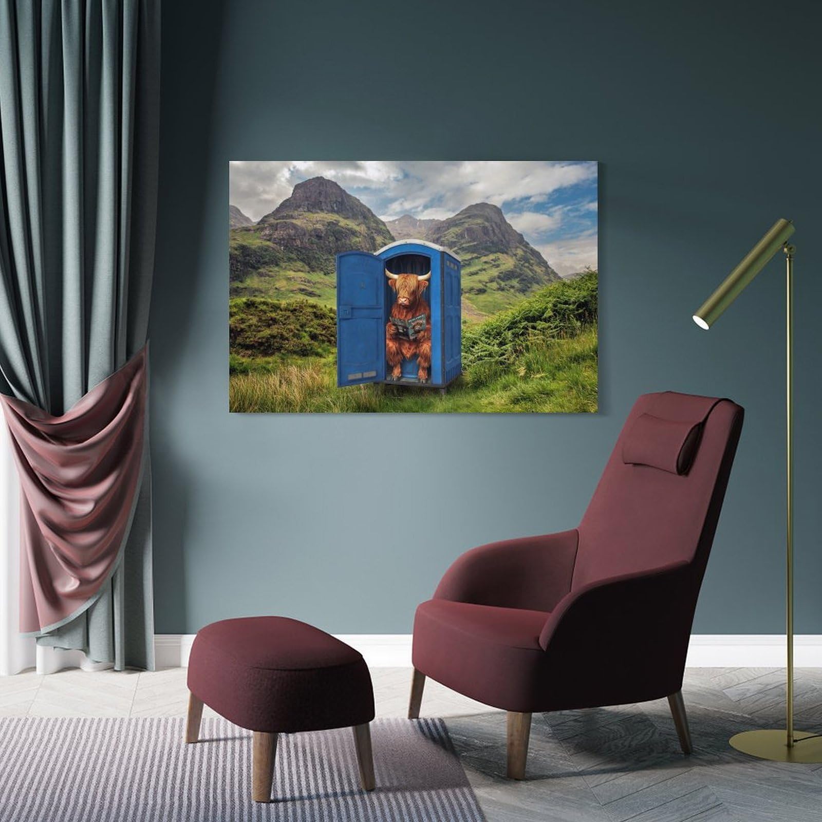 Junmoney Frame-Style-16 Highland Cow On The Toilet In Glencoe Wall Decor Canvas Print, 12X18inch(30X45cm), For Living Room, Bedroom, Office Or Hallway, An Adaptable Decor Piece For Home Use
