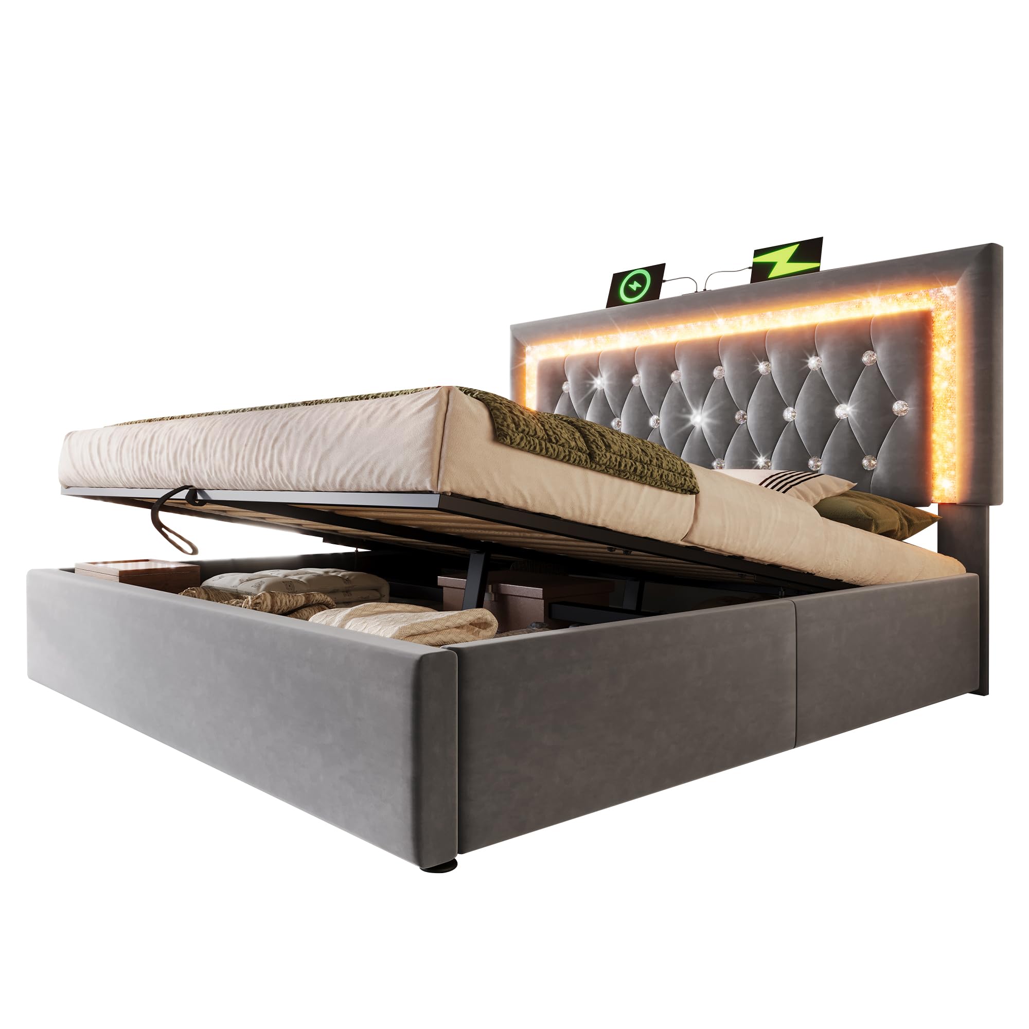 Łóżko tapicerowane 180 x 200 cm, aksamitne łóżko podwójne z paskami diamentowymi LED, stacja ładująca USB & Type-C, hydrauliczne łóżko do przechowywania, nowoczesne łóżko młodzieżowe ze