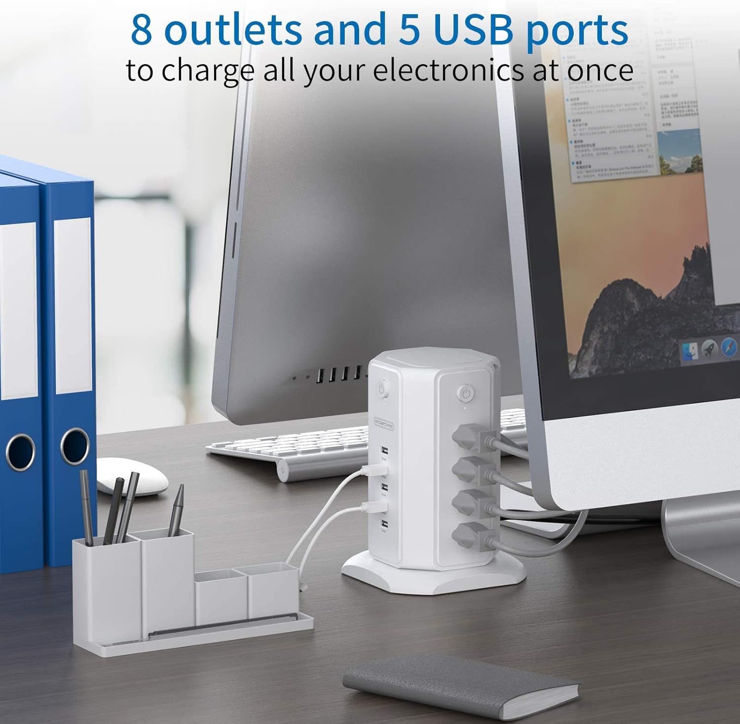 Super Deal Product Tower Surge Protector Power Strip 10 ft Cord, NTONPOWER 8 Outlets Surge Protector Flat Plug, 5 USB Desktop Charging Station Circuit Breaker Safeguard for Home Office Accessories College Essentials