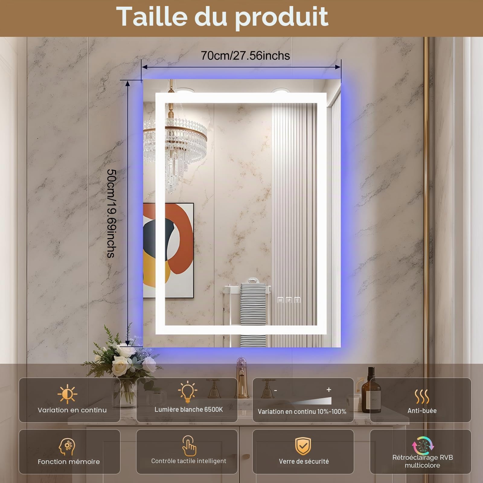 Miroir de Salle de Bain LED 70 x 50 cm avec éclairage et Fonction Anti-buée, rétroéclairage RVB, éclairage Avant 6500 K, Miroir Intelligent avec Fonction de Changement de Couleur