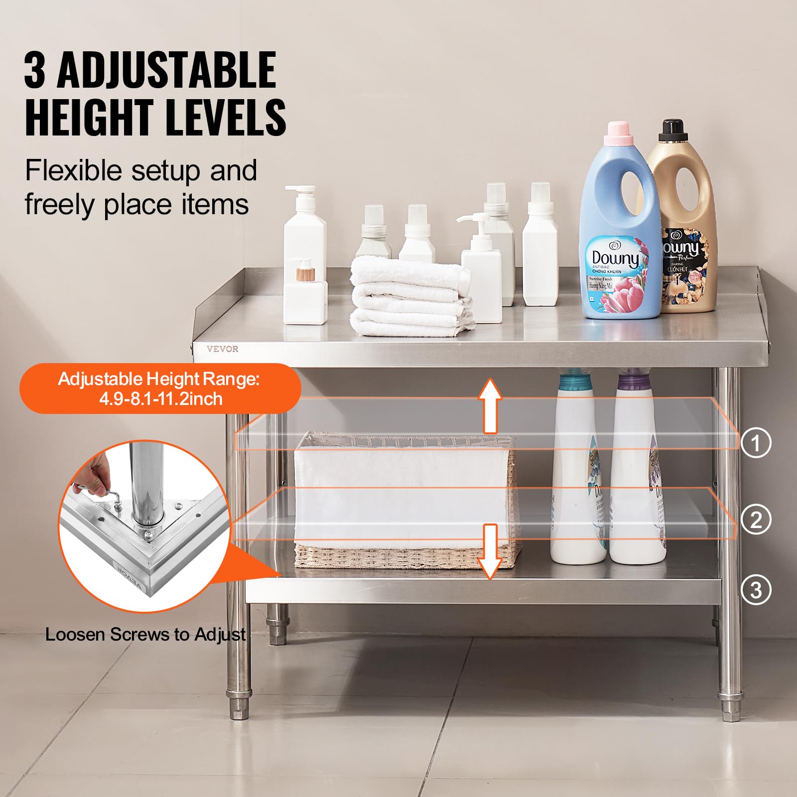VEVOR Tavolo da Lavoro in Acciaio Inossidabile 762 x 914 x 660 mm Tavolo da Lavoro Commerciale per Preparazione degli Alimenti con Alzatina su 3 Lati, con Altezza Regolabile per Casa Ristorante Hotel