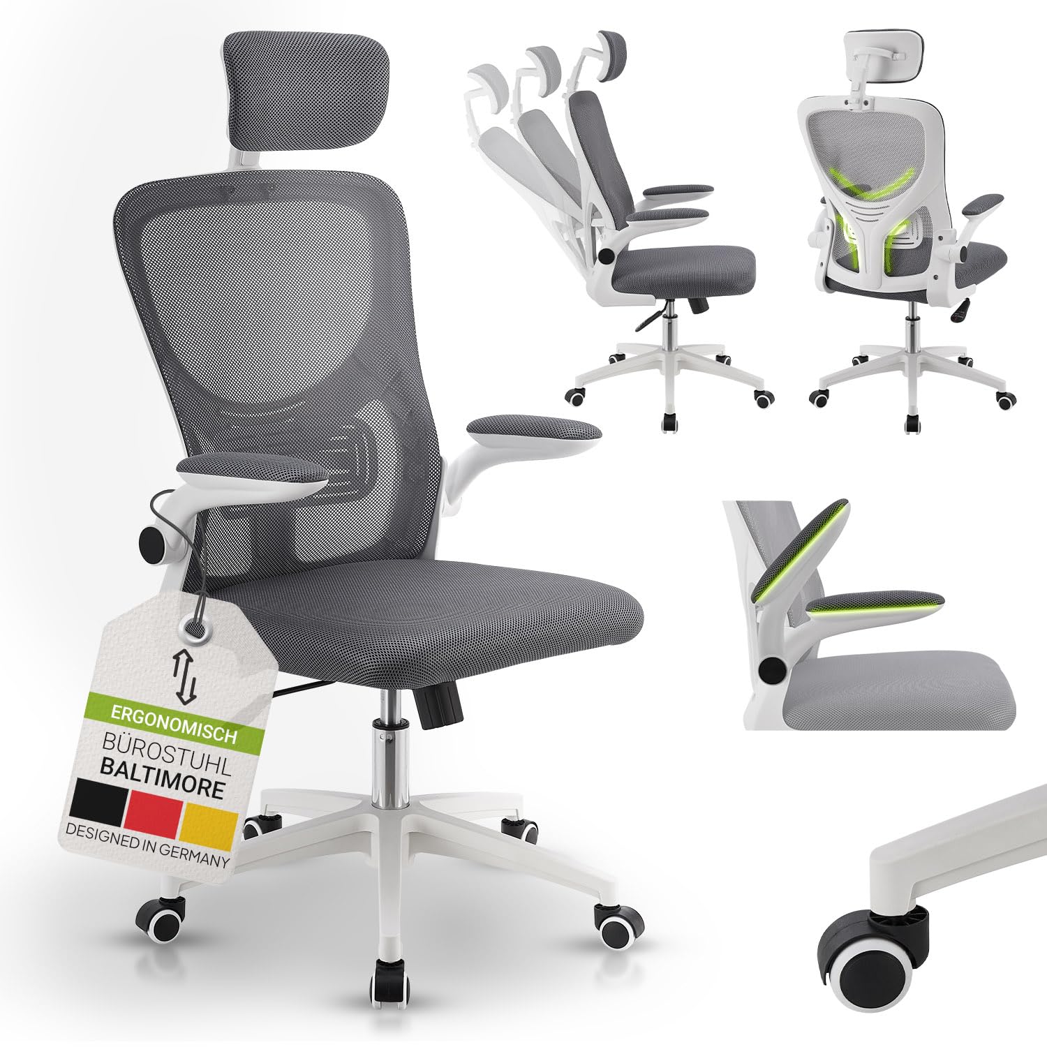 Juskys Baltimore Bürostuhl – ergonomischer Drehstuhl mit Armlehnen, höhenverstellbar, grau