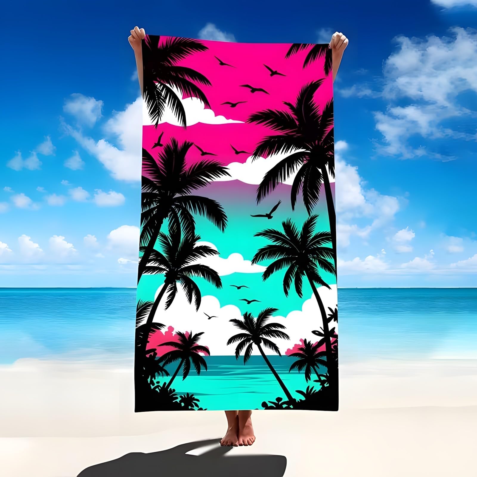 YZQGLHP Coconut Palm Microfibre Beach Towel Clouds Beach Bath Towel Quick Drying, Lightweight, Sand-Free, Durable, for Pool, Gym, Camping, Travel Towel 90x200cm