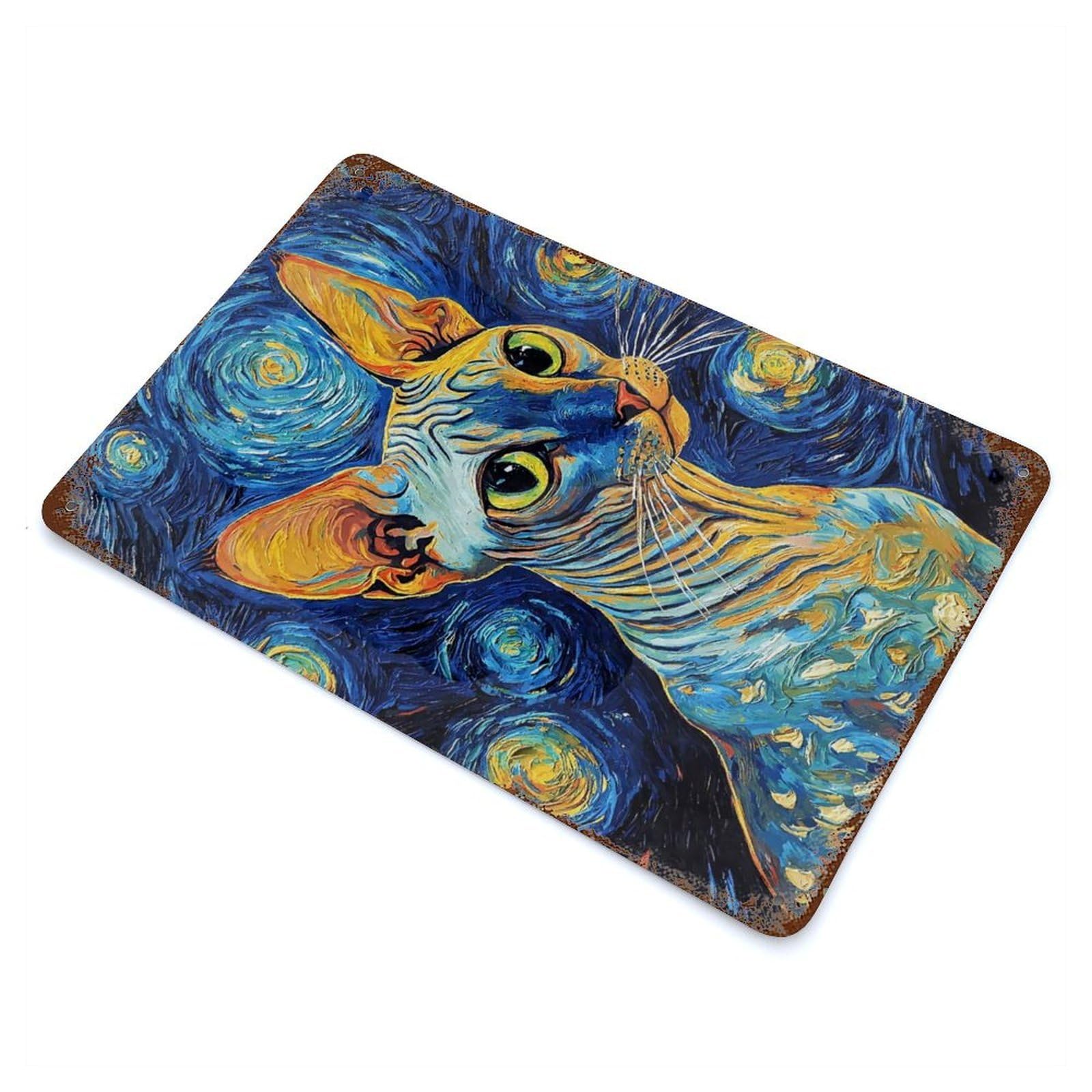 Garage Style Sphynx Cat Starry Night Vintage Rust Metal Sign 11.8"x7.9", Industrial Home Decor for Bar And Workshop