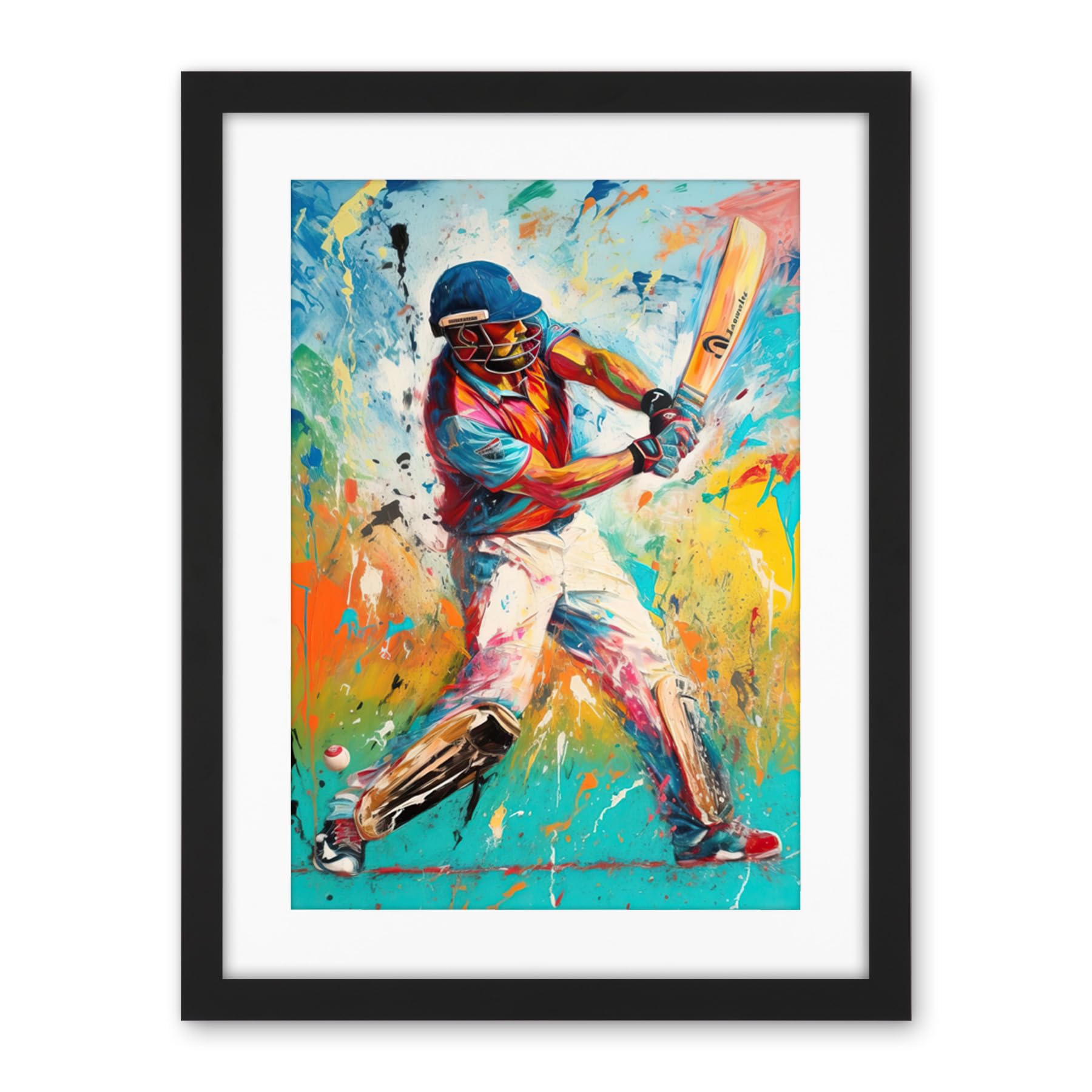 Artery8 Cricket Shot Vibrant Cricketer Batsman Portrait Artwork Framed Wall Art Print 18X24 Inch