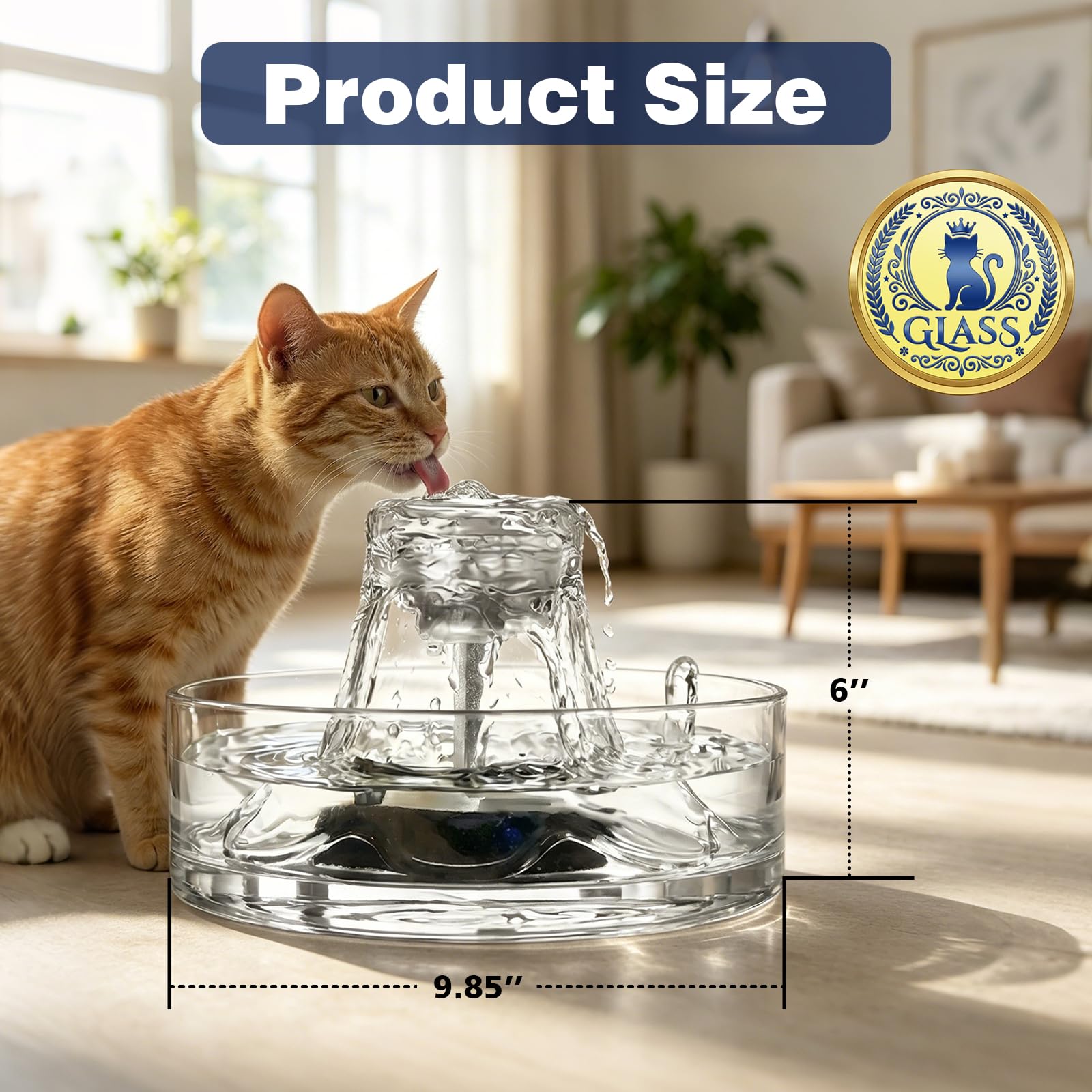 Fuente de vidrio para mascotas, fuente de agua para gatos de 2,6 L