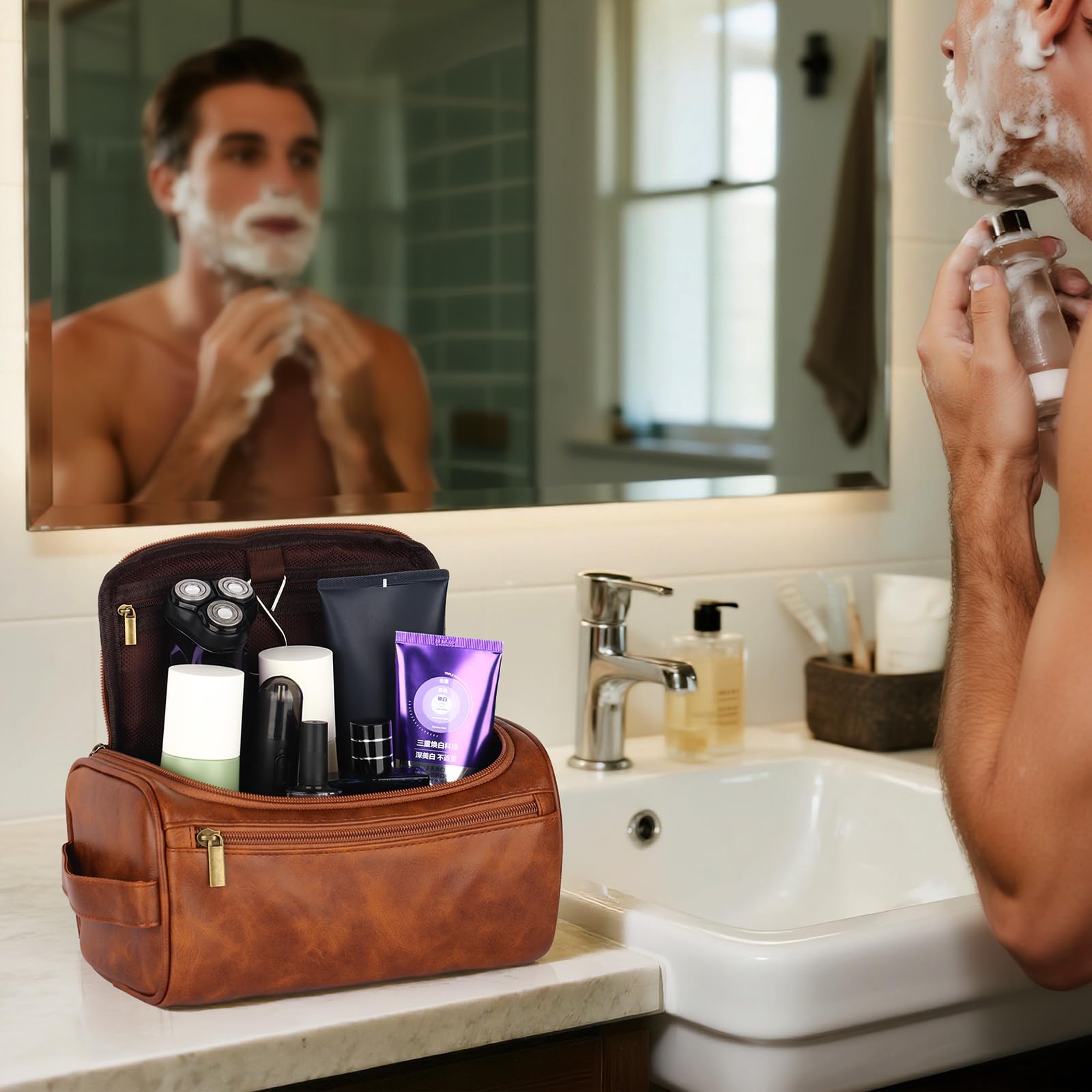 OXYEFEI Neceser personalizado para hombres, regalos personalizados para hombres, iniciales grabadas de piel sintética para hombre, artículos de aseo de viaje, afeitado, artículos esenciales de viaje