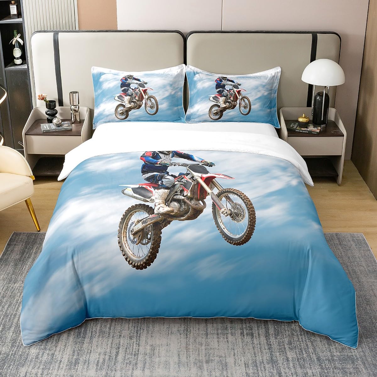 Dirt Fahrrad 100% Baumwolle Bettbezug 135x200,Motocross Rider Tröster Cover Motorrad Extreme Sport Quilt Cover,Motorrad Spiel Bettwäsche Set für Wohnzimmer Schlafzimmer Schlafsaal Dekorativ,Blau