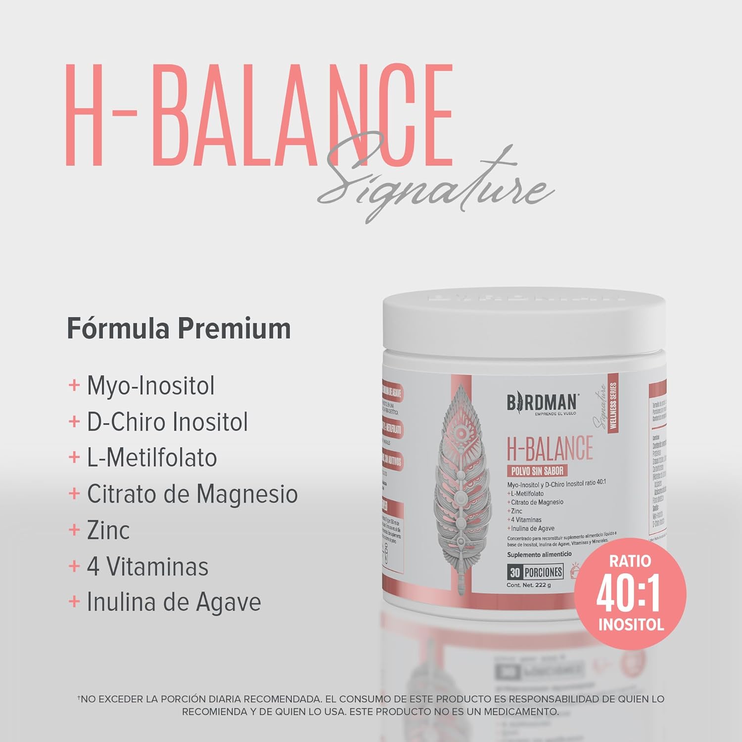 BIRDMAN H-Balance | Myo & D-Chiro Inositol, Citrato de Magnesio, Vitaminas y Zinc | Alta Concentración en Proporción 40:1 | Fórmula Premium Sin Aditivos | Sin Sabor | 30...