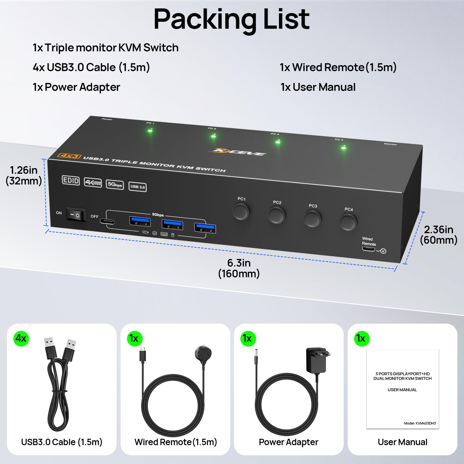 KVM Switch 3 Monitore 4 PC 4K@60Hz EDID Simulation, HDMI und Displayport KVM Switch Triple Monitor für 4 PC Teilen Sie 3 Monitor und 4 USB-Geräte, Kabelfernbedienung und 4 USB-Kabel Enthalten