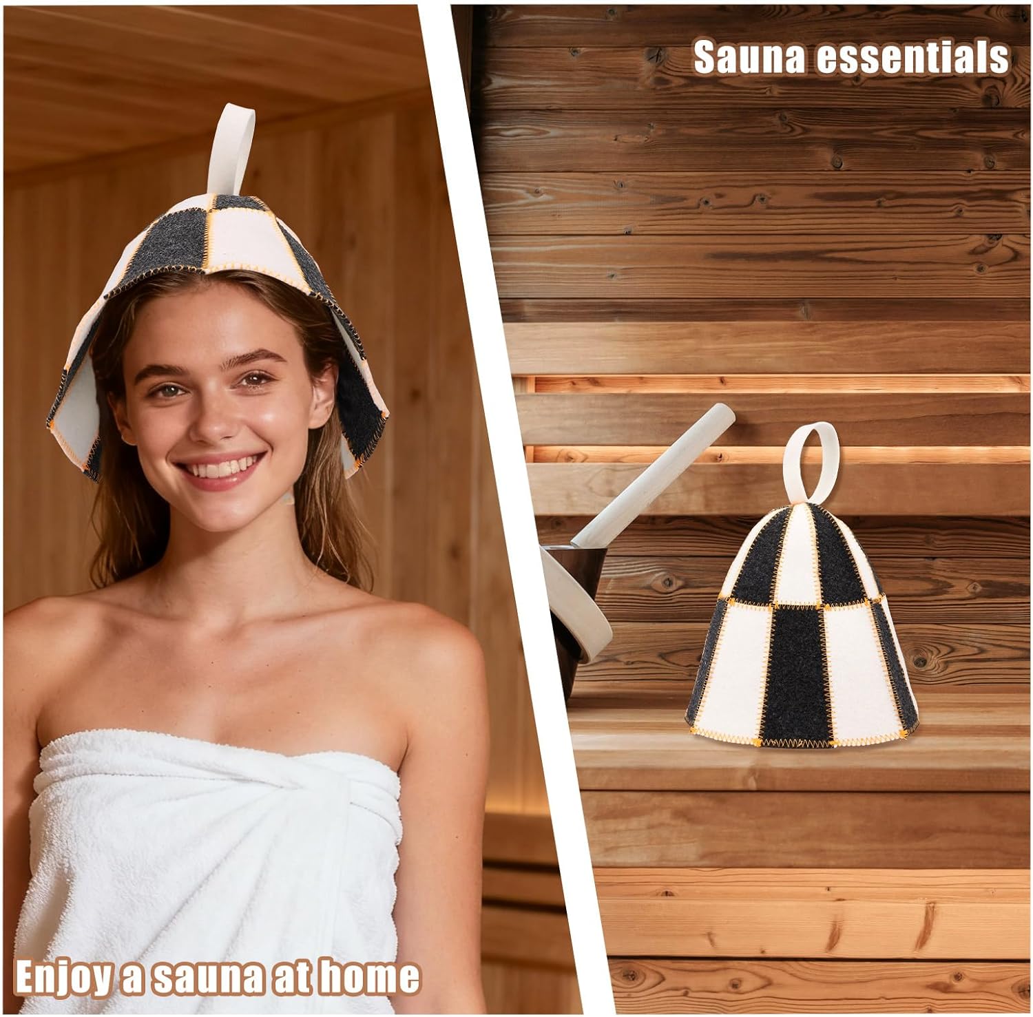 2 Pcs Plaid Sauna Hats, Banya Cap for Hair Protection Black and White Checkered Wool Thermal Protection Sauna Hat Accessories for Men & Women Steam Bath - Image 5