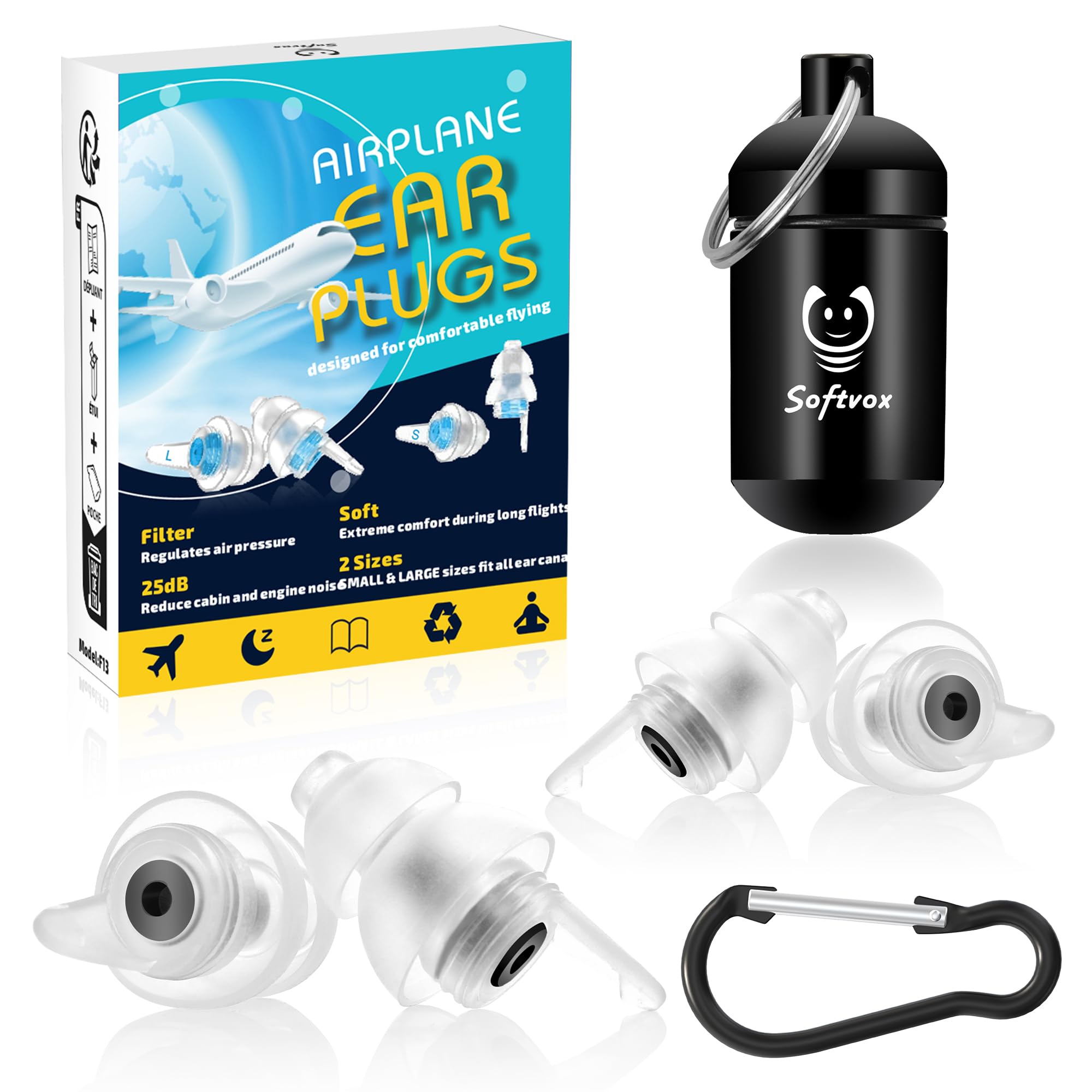 Airplane Ear Plugs 2 Pairs, Prevent Discomfort Pressure Equalizing Earplugs, Flying Travel Essentials, 100x Reusable Flight Plane Earbuds for Adults Kids 12+, 2 Sizes, 25 dB Noise Reduction
