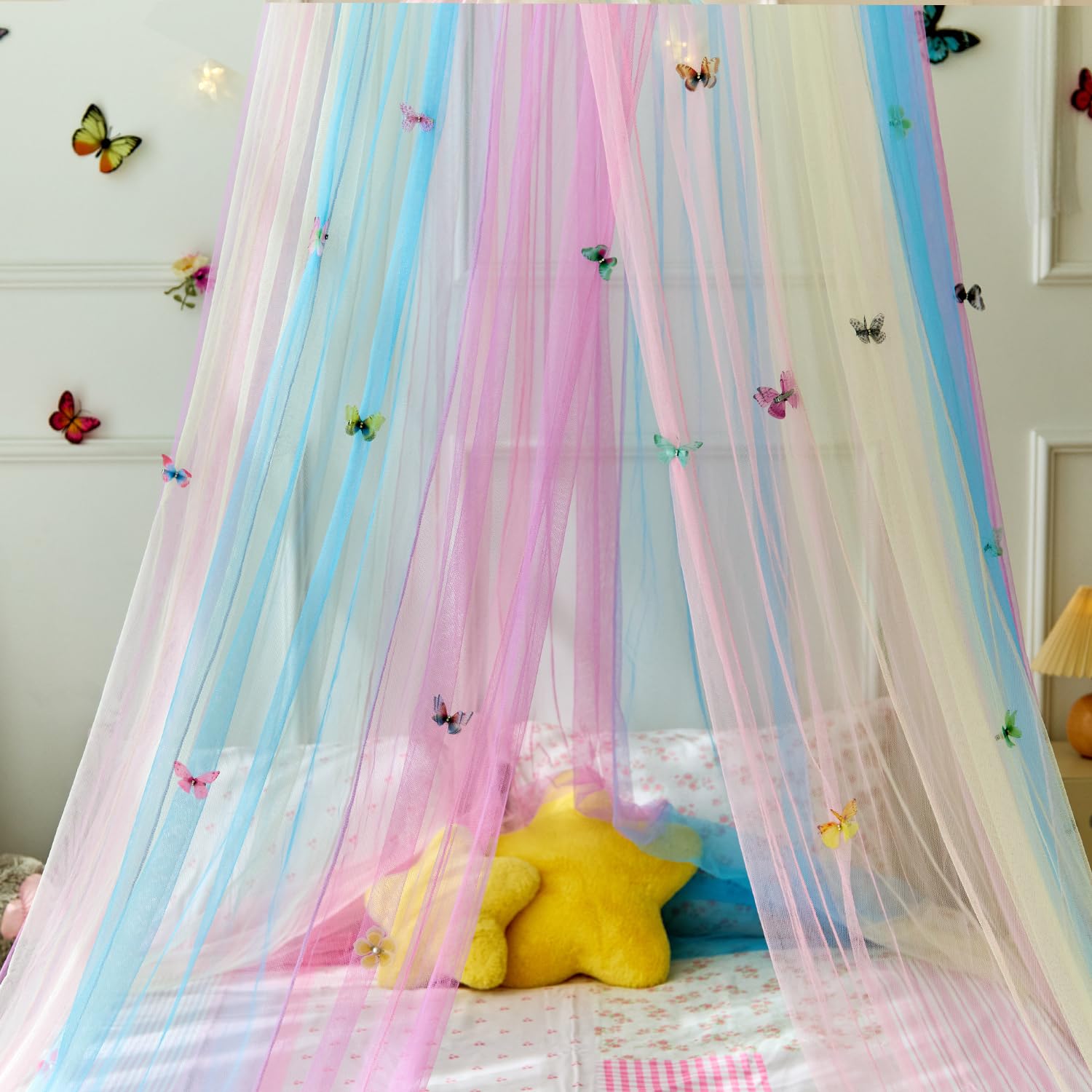 Wnqou Rainbow Bed Canopy for Girls,X-Large Princess Canopy Hanging Netting Bedroom Decor for Girls Mosquito Net for Baby Crib Twin to King Size Bed (Rainbow+butterfly) - Image 3