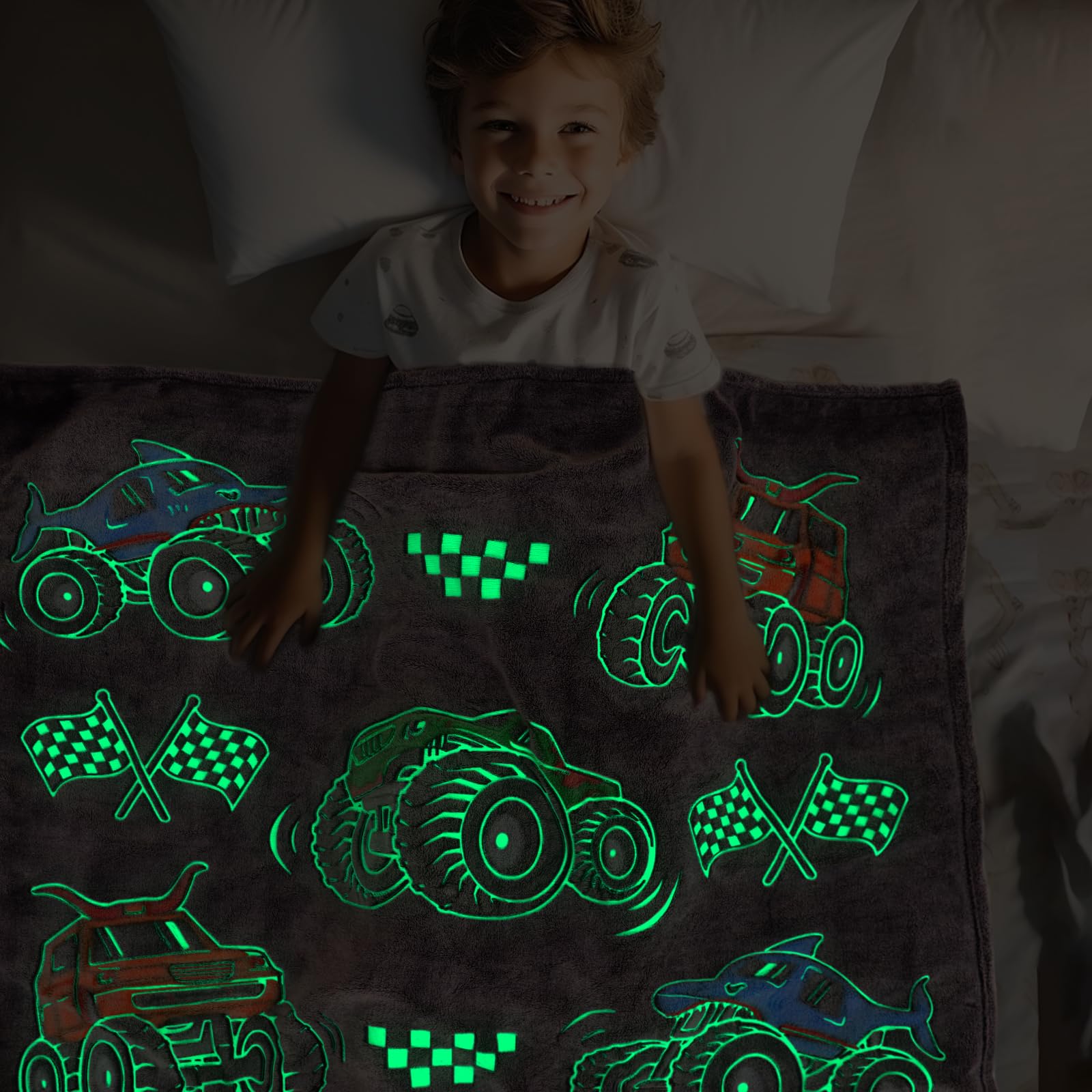 OHOIT Truck Gifts for Kids Boys - Glow in The Dark Blanket for Sofa Couch Bed Birthday Christmas Easter