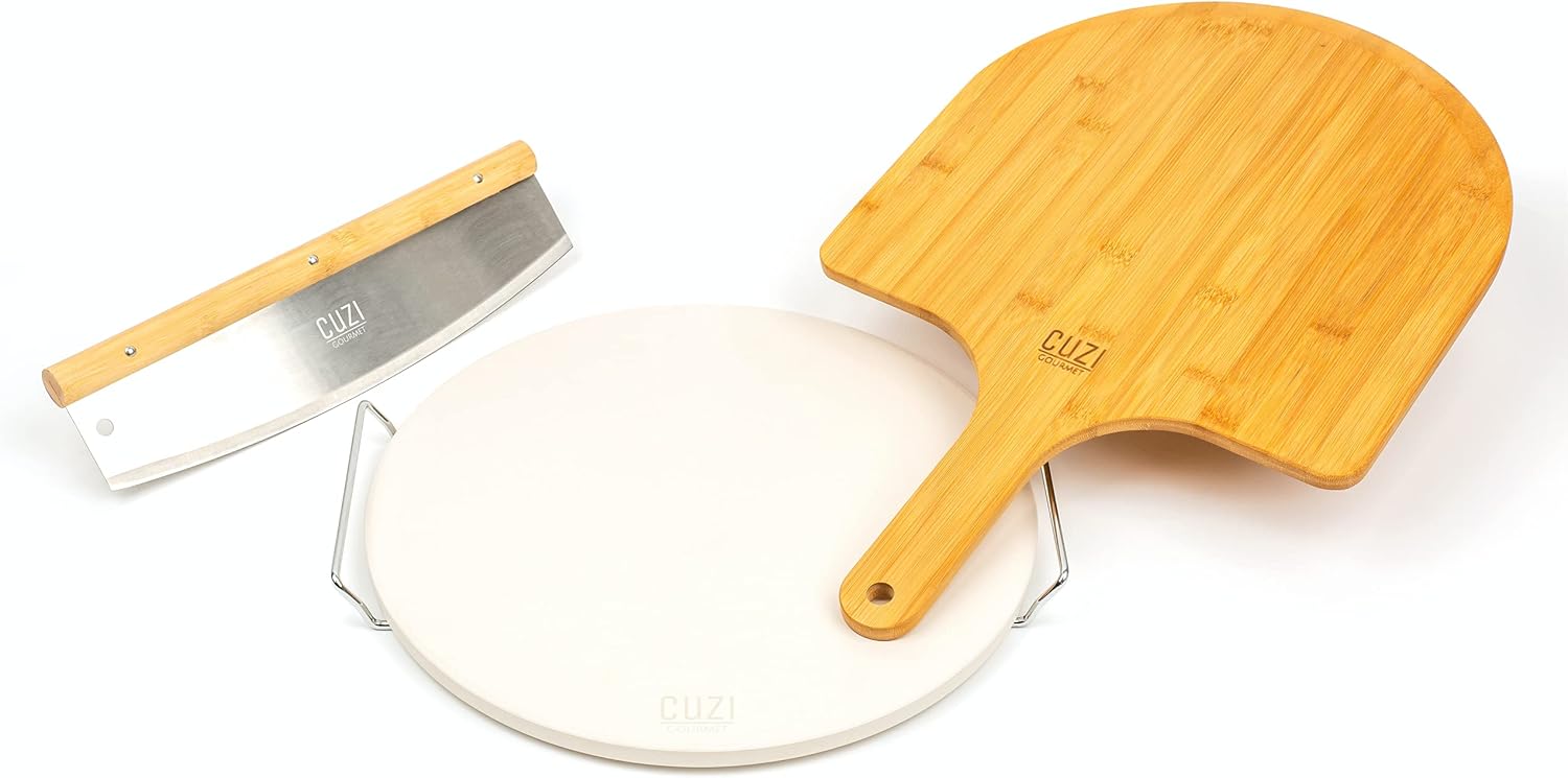 Cuzi Gourmet XL 3-Piece Pizza Stone Set - 15” Thermal Shock Resistant Cordierite Pizza Baking Stone, 22” Natural Bamboo Pizza Peel & Pizza Cutter Rocker - Large Pizza Stone for Grill and Oven: Home & Kitchen