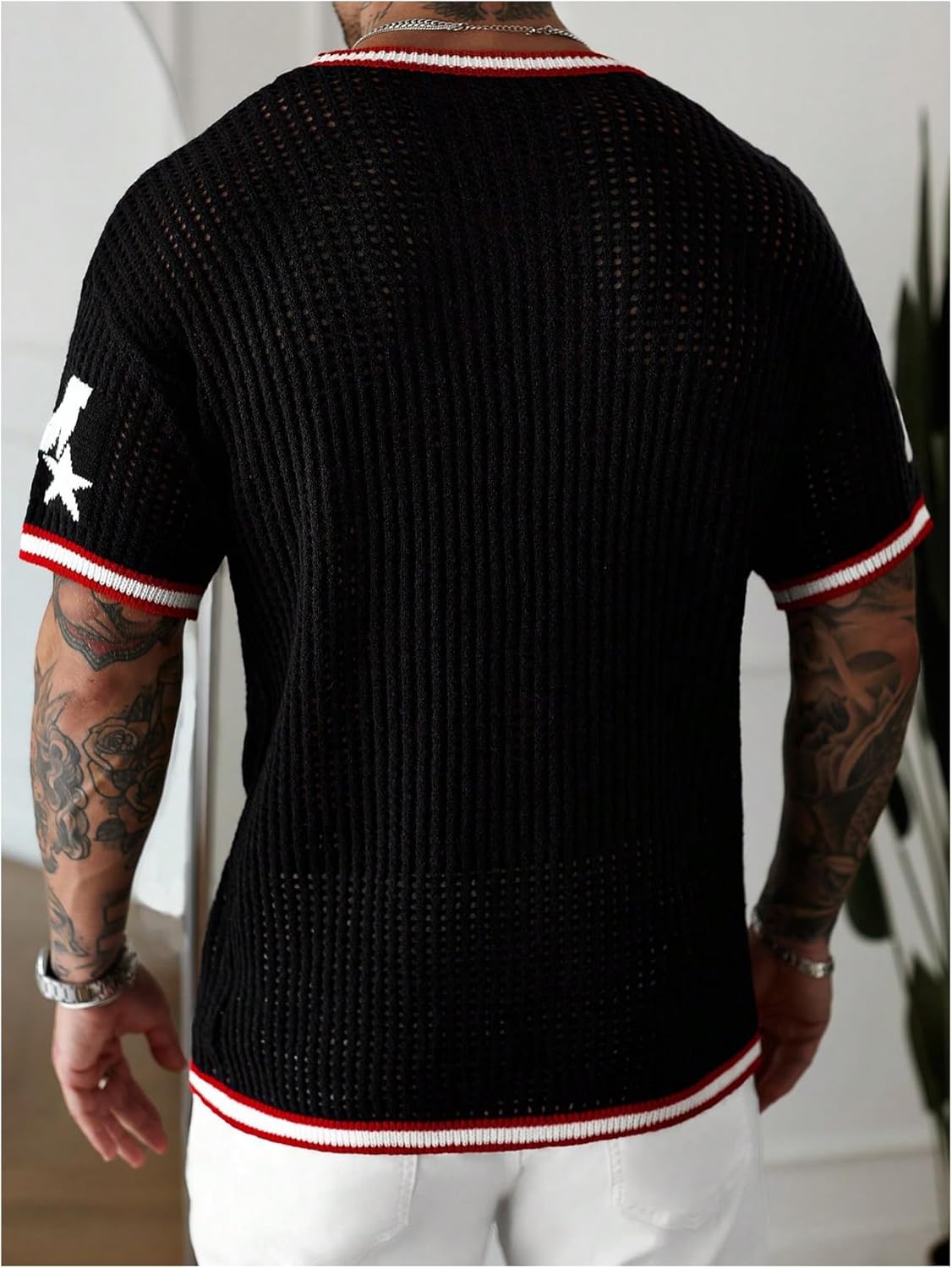 Men's Number Graphic Sweater Hollow Out Crew Neck Short Sleeve Crochet Knit Pullover Jersey Tops - Image 2