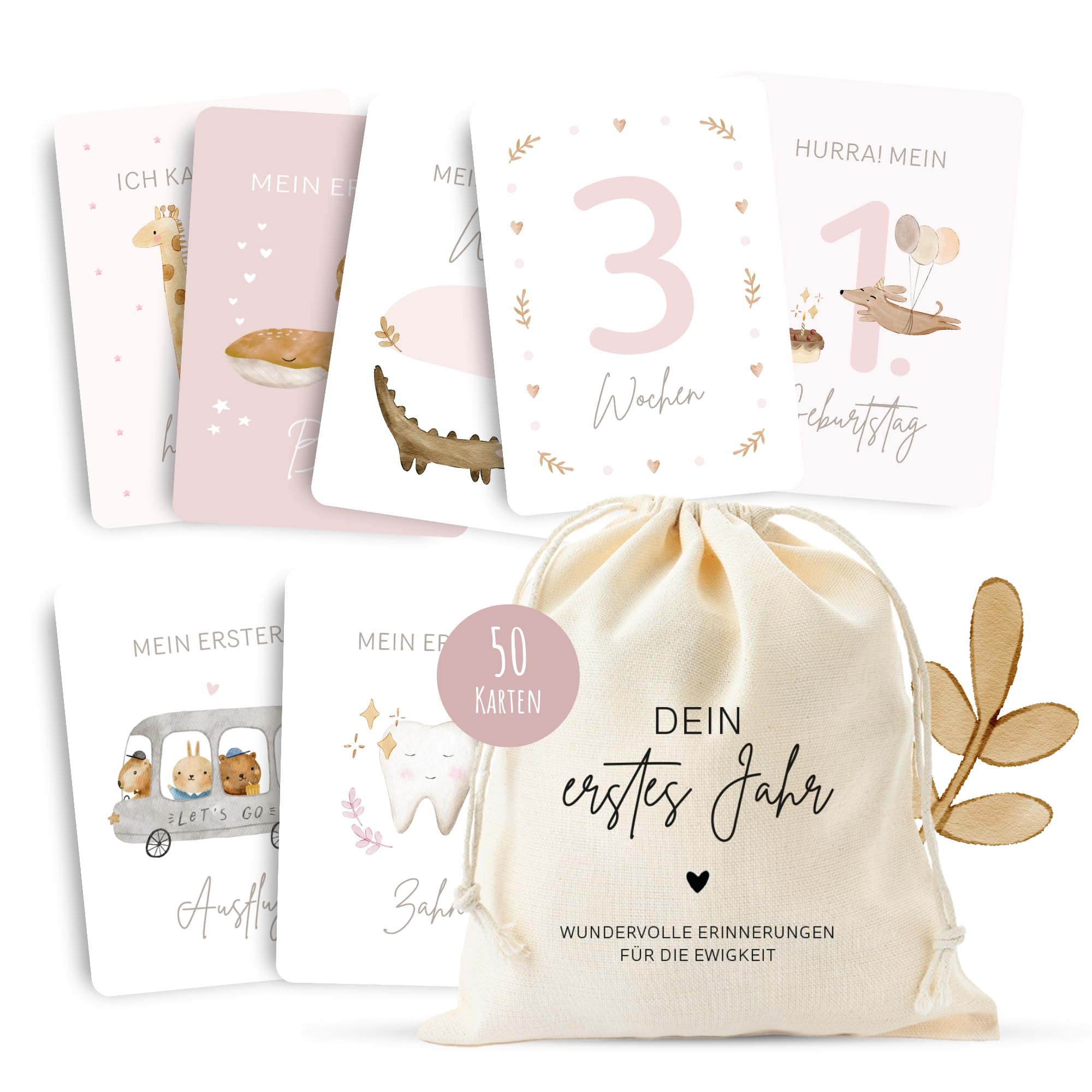 MeinBaby123® Meilensteinkarten "Dein erstes Jahr" | Meilenstein Karten Set Geschenk zur Geburt | Fotokarten für das erste Jahr | 50 Karten Inkl. Baumwollsäckchen (rosa)