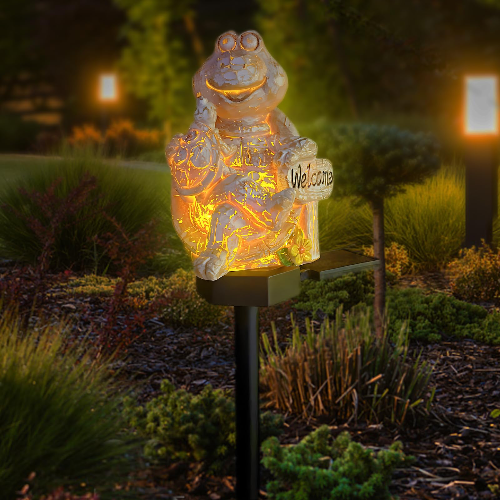 QH & Garden Solar Turtle Statue Garden Decor,Handcrafted Wood Grain Paint Small Turtle Lamp,Resin Animals Figurines Outdoor Decorations for Patio Backyard Lawn -Unique Housewarming Gifts