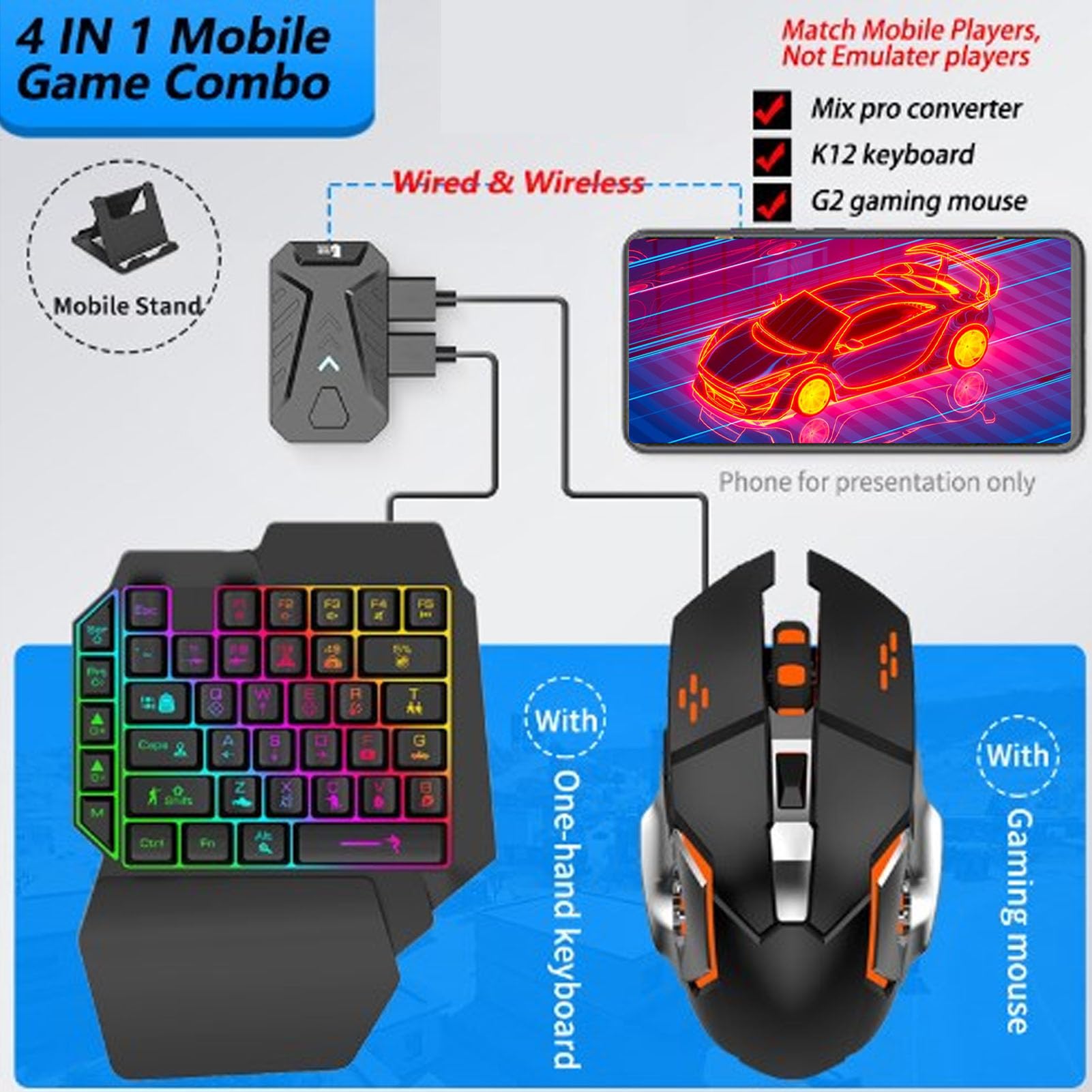 Set di convertitori per mouse e tastiera 4 in 1, con convertitore mouse per tastiera, mouse da gioco, tastiera con una mano e supporto per telefono, per Mix Pro Converter,