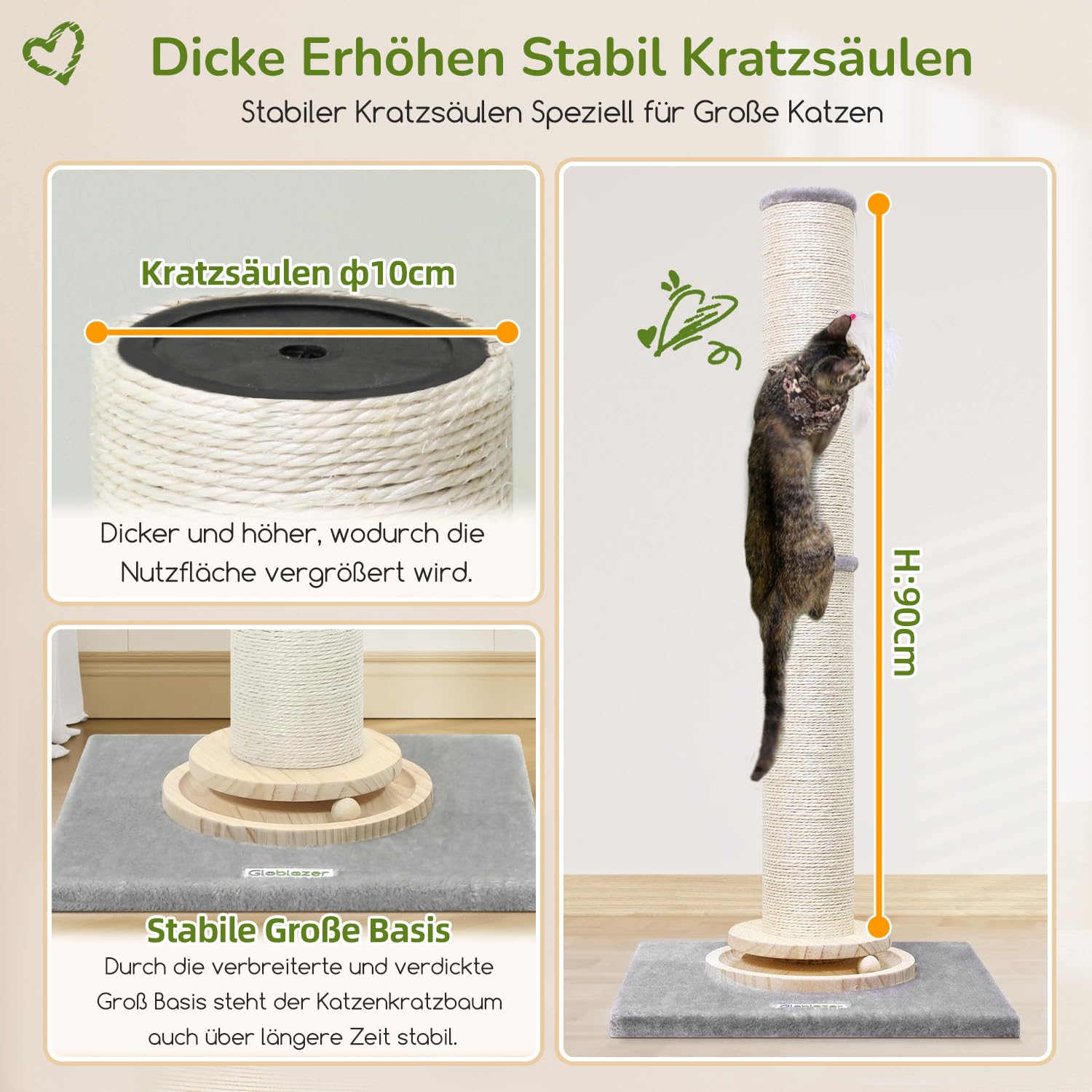Globlazer Kratzstamm XXL, Kratzsäule Groß Stabil hoch 90 cm & 50 cm 2 IN 1 Einstellbar mit Große Basis Dicker Stamm Sisal Plüschball Holz Trackingball, Kratzsäulen für Große Katzen (SC35, Hellgrau)
