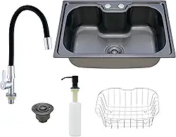 HOLTTER, Kit Cuba de Embutir ou Sobrepor Cozinha Gourmet Inox com Torneira Silicone de Bancada Conjunto de Cuba Aço Inox com Acessórios mais Torneira Flexível (Preto)