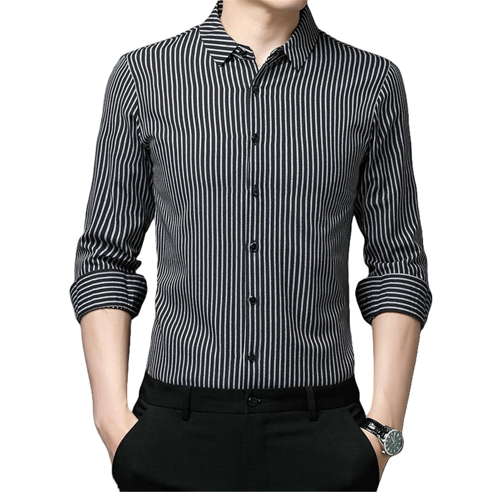 Camisa de manga larga para hombre, diseño de rayas, con solapa, adelgazante, informal, de negocios, para otoño