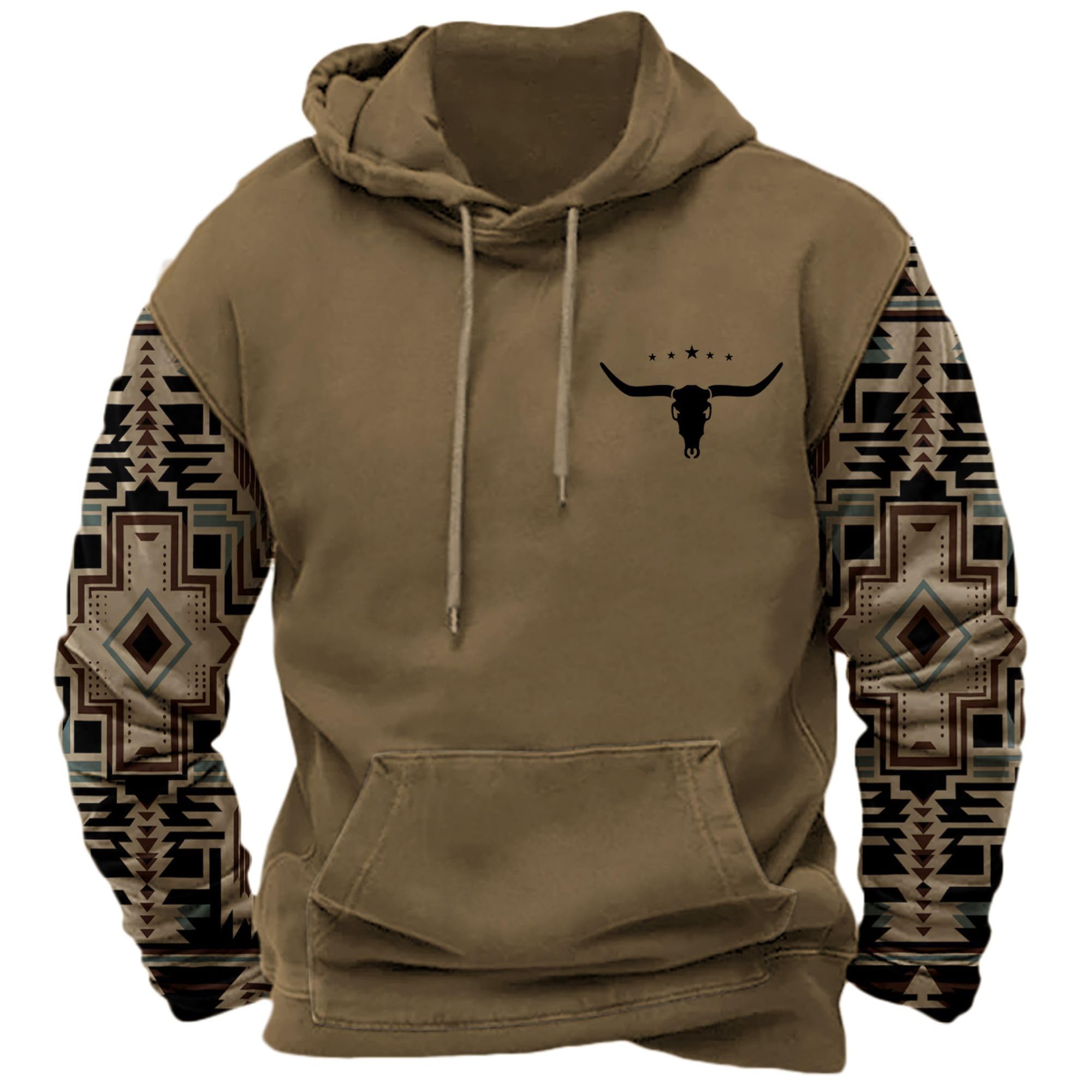 DMOYALA Men's Aztec Cow Skull Hoodie Western Sweatshirt with Hood Vintage Ethnic Tribal Graphic Patchwork Pullvoer