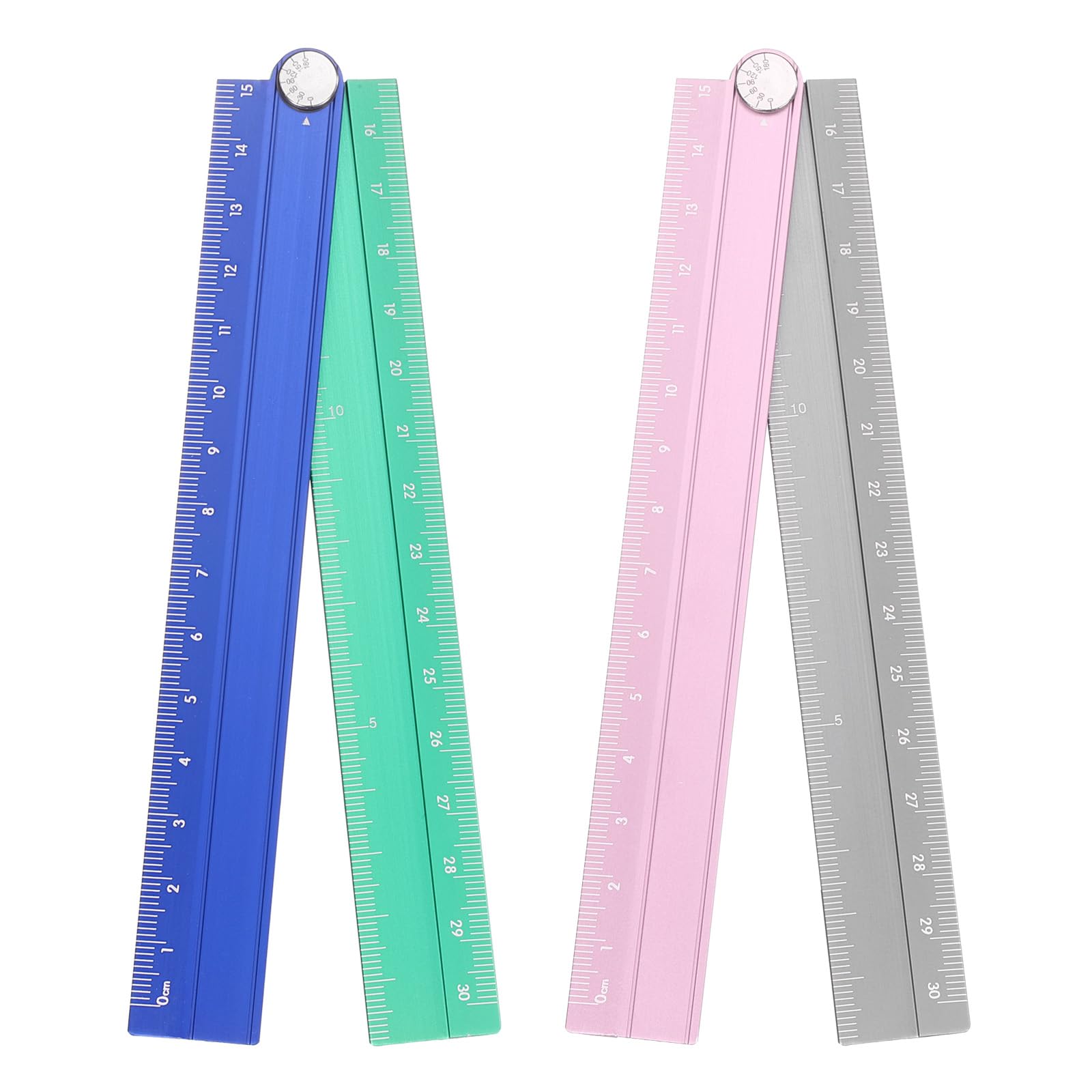 sourcing map 2pcs Folding Straight Ruler 30cm Metric Aluminum Alloy Protractor Foldable Angle Ruler Geometric Measuring Tool with Angle Line for Architects Artist Office, Pink Silver/Blue Green