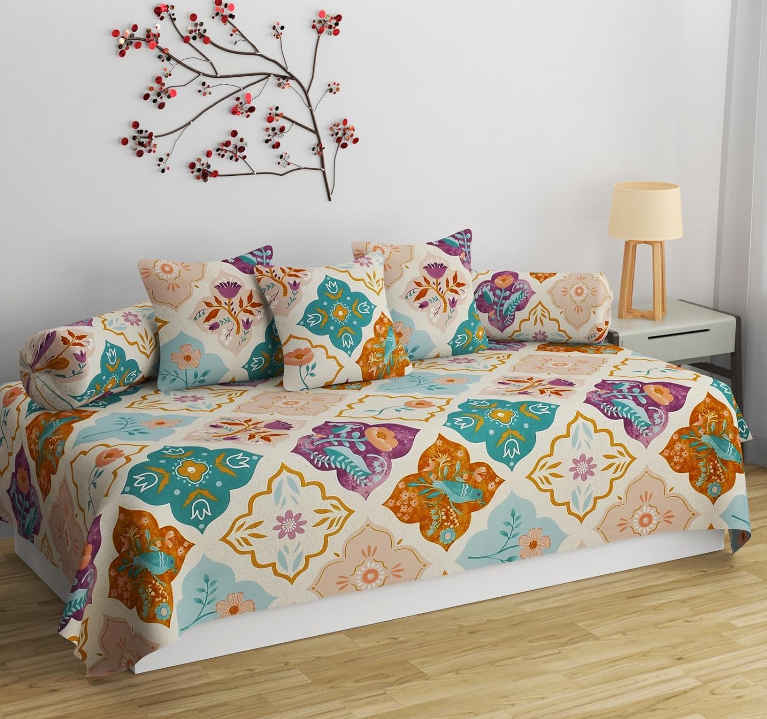 SHOMES Pure Soft Cotton Floral Printed Diwan Set Covers 6 Pieces - 1 Single Bed Sheet (60 X 90) with 3 Cushion (16 X 16), 2 Bolster Covers (16 X 32) - Multi Color-image-43