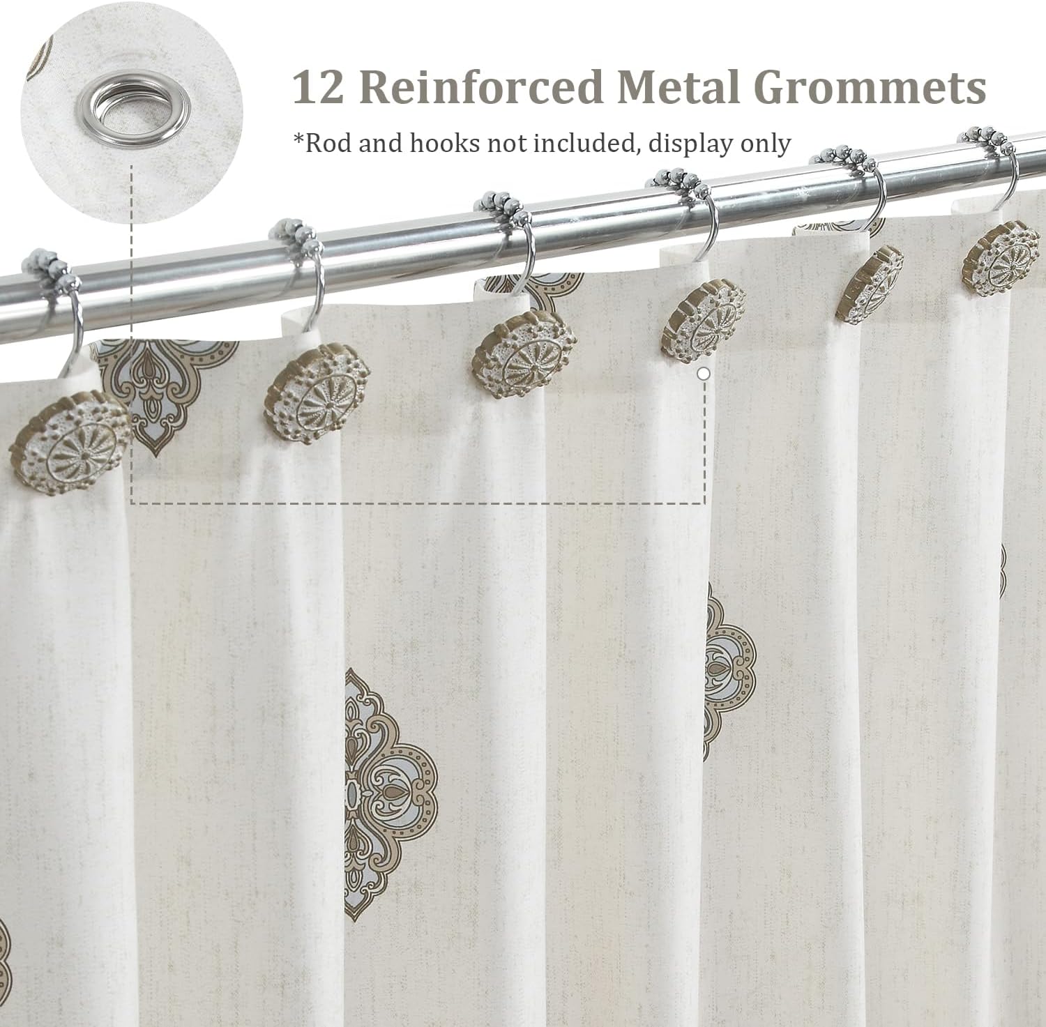 Beige Fabric Shower Curtain, Waterproof for Bathroom with Tan Printed Ombre Boho Paisley Damask Pattern, 72" W x 72" H