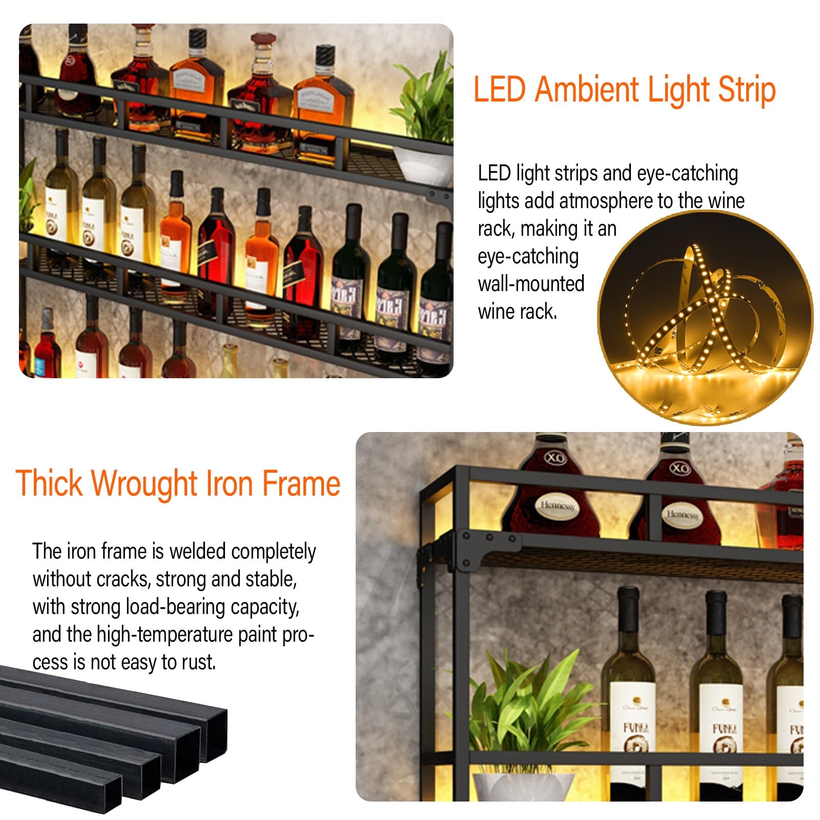 Estante De Vino LED Montado En La Pared,Botellero De Pared,Botellero Colgante De Hierro Forjado Para Botellas De Vino,Estante Multifuncional Para Exhibición De Vinos(Gold,80X90cm/31.5x35.4in)