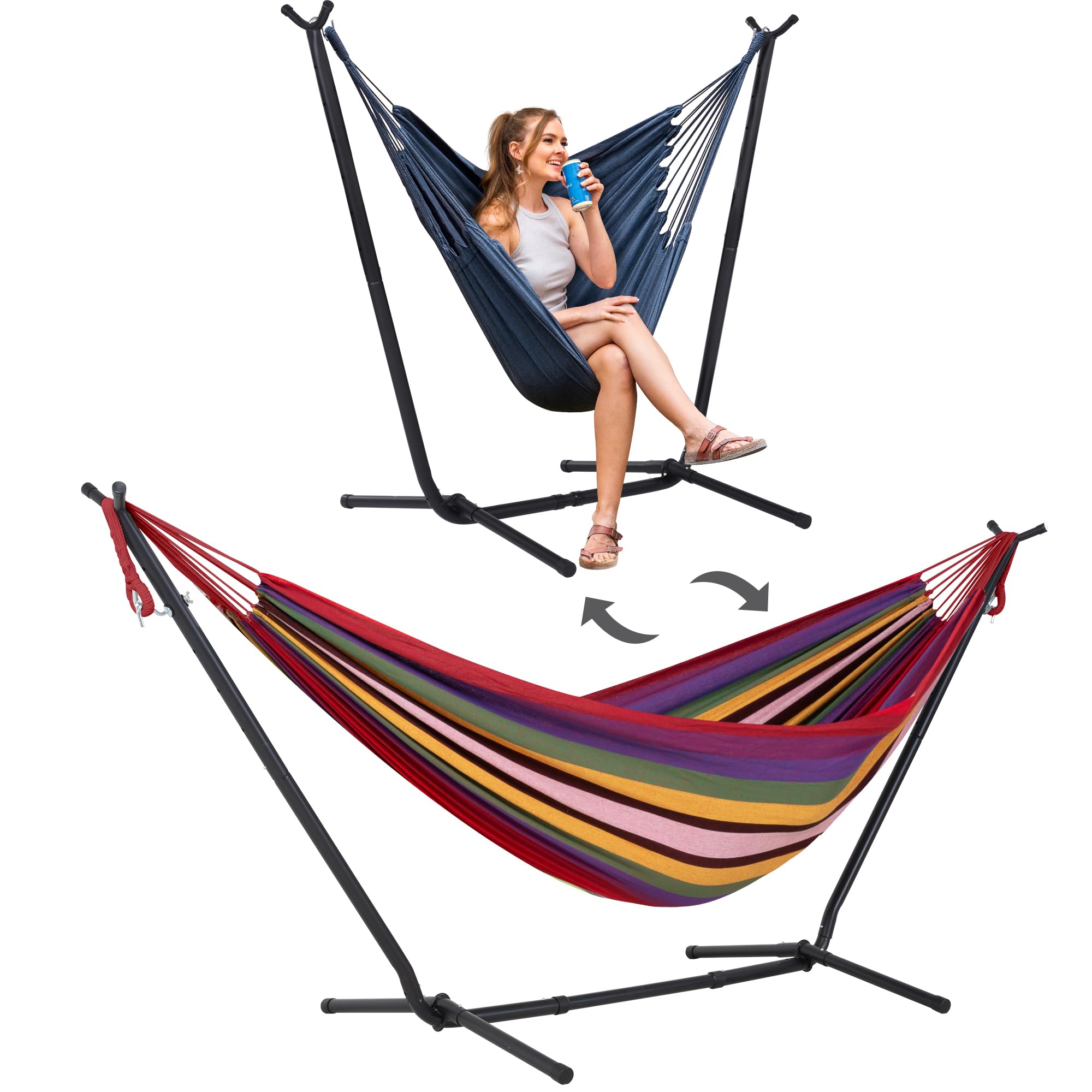 SUNCREAT 2-in-1 Convertible Backyard Fabric Hammock with Stand, Red Stripes