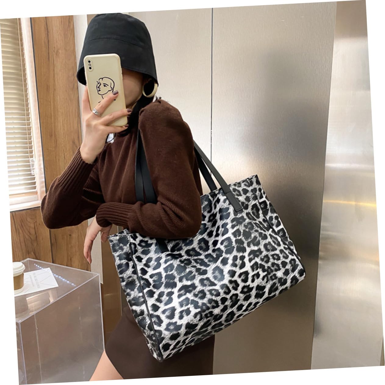 Uonlytech Bolso Bandolera Bolso Casual Estampado de Leopardo para Mujer y Material Pu Reutilizable Gran Capacidad para Compras y Uso Diario