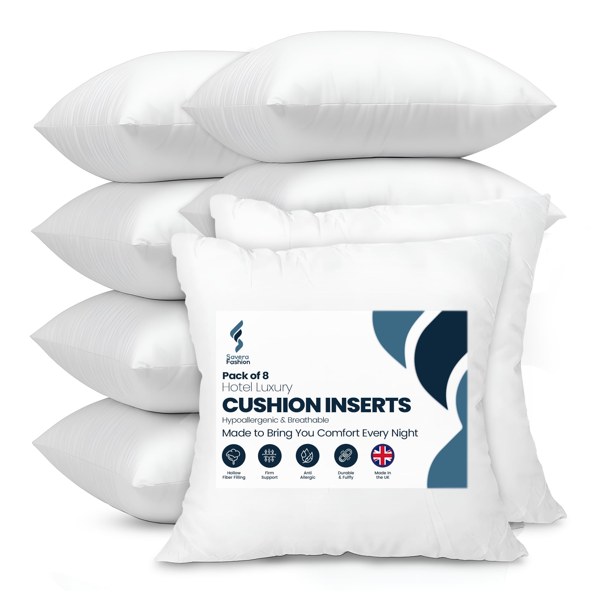 Savera Fashion Cushion Inserts 8 Pack – 45x45 cm Plump Cushion Pads – Soft Hollowfibre Cushion Inners for Sofa Bed Chair – Hypoallergenic Machine Washable Bulk Cushion Set