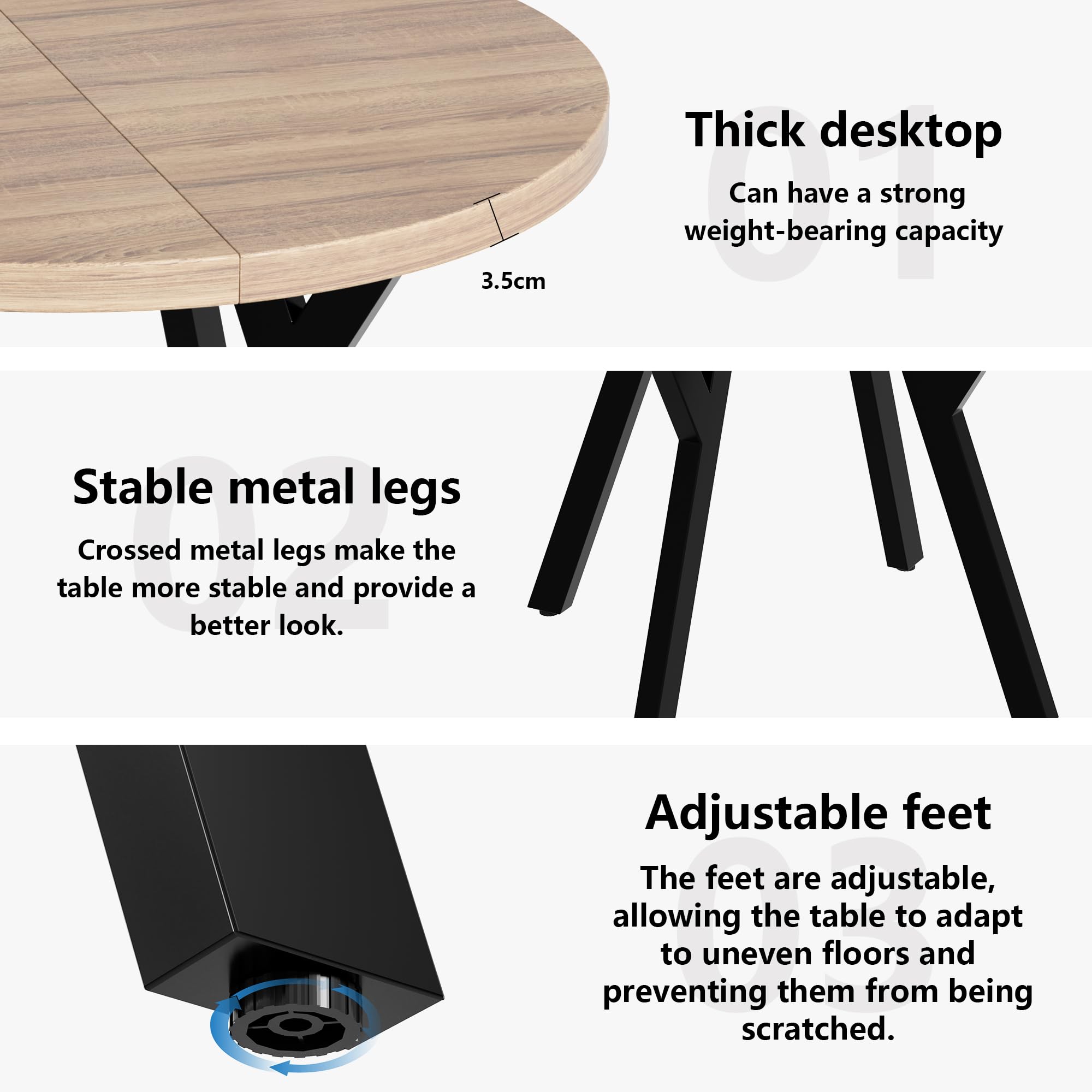 MSFE Tavolo da Pranzo, Tavolo Rotondo Allungabile per 4-6 Persone, 100-140 cm, Tavolo da Cucina con Gambe a Croce in Acciaio e Piano in Legno per spazi multifunzionali